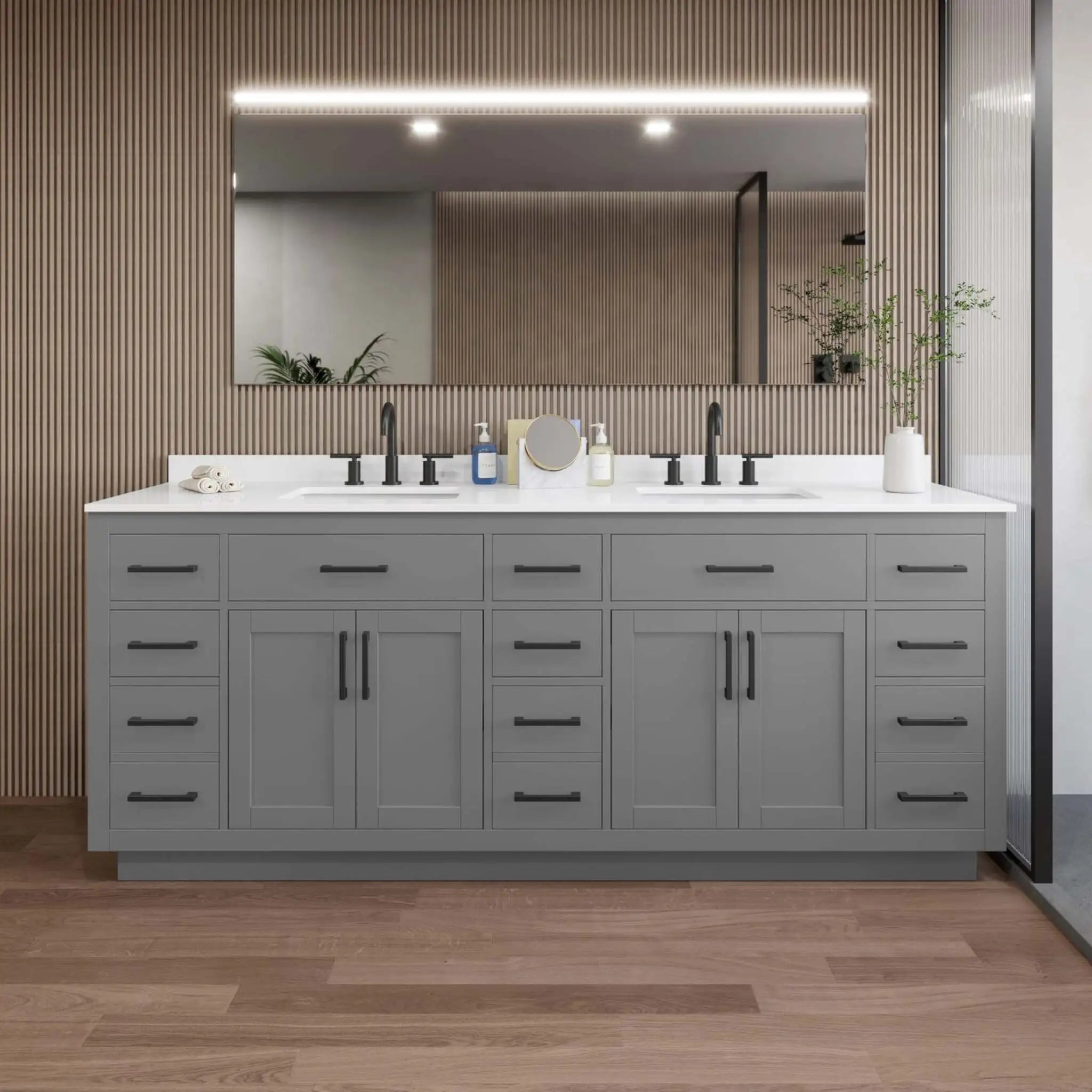 84" Beckett TK Beckett Double Bathroom Vanity with Toe Kick in Dark Gray with Matte Black Trim by Wyndham