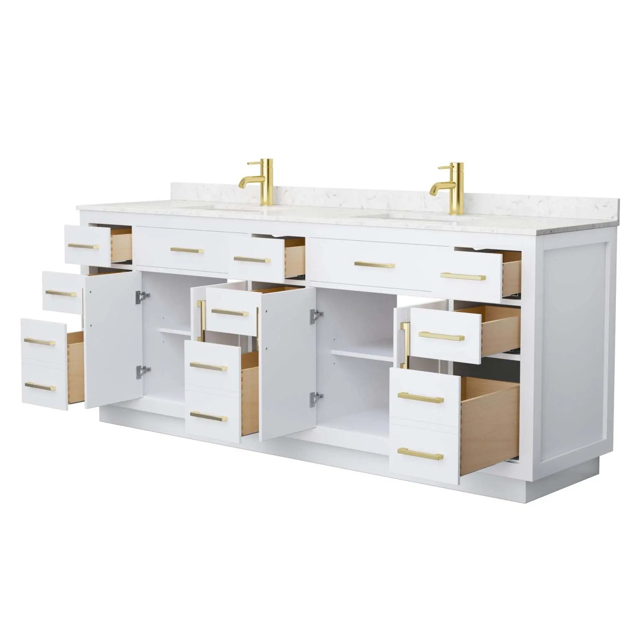 84" Beckett TK Beckett Double Bathroom Vanity with Toe Kick in White with Brushed Gold Trim by Wyndham
