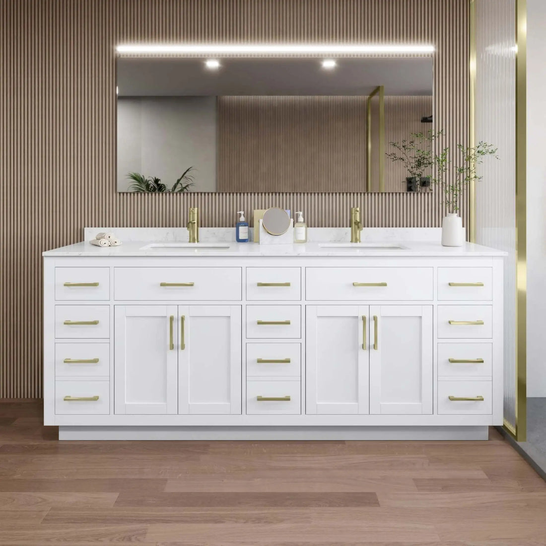 84" Beckett TK Beckett Double Bathroom Vanity with Toe Kick in White with Brushed Gold Trim by Wyndham