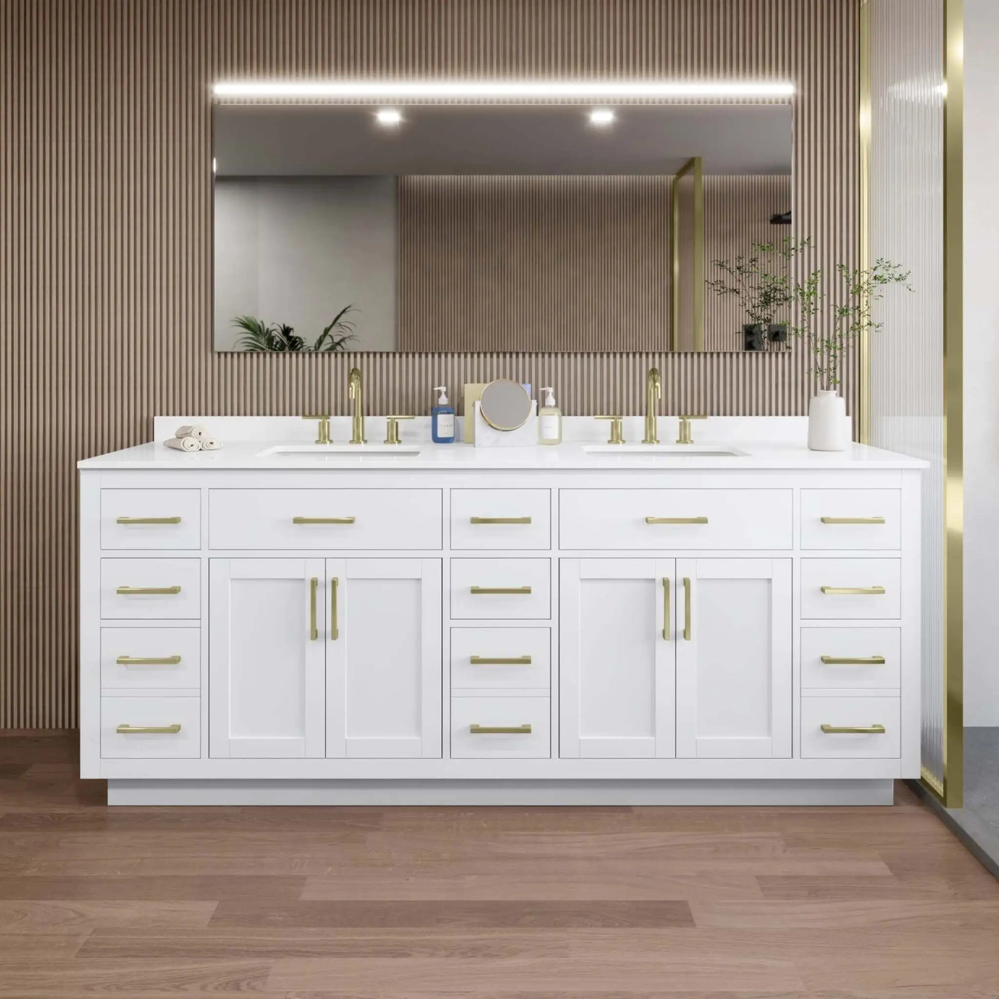 84" Beckett TK Beckett Double Bathroom Vanity with Toe Kick in White with Brushed Gold Trim by Wyndham