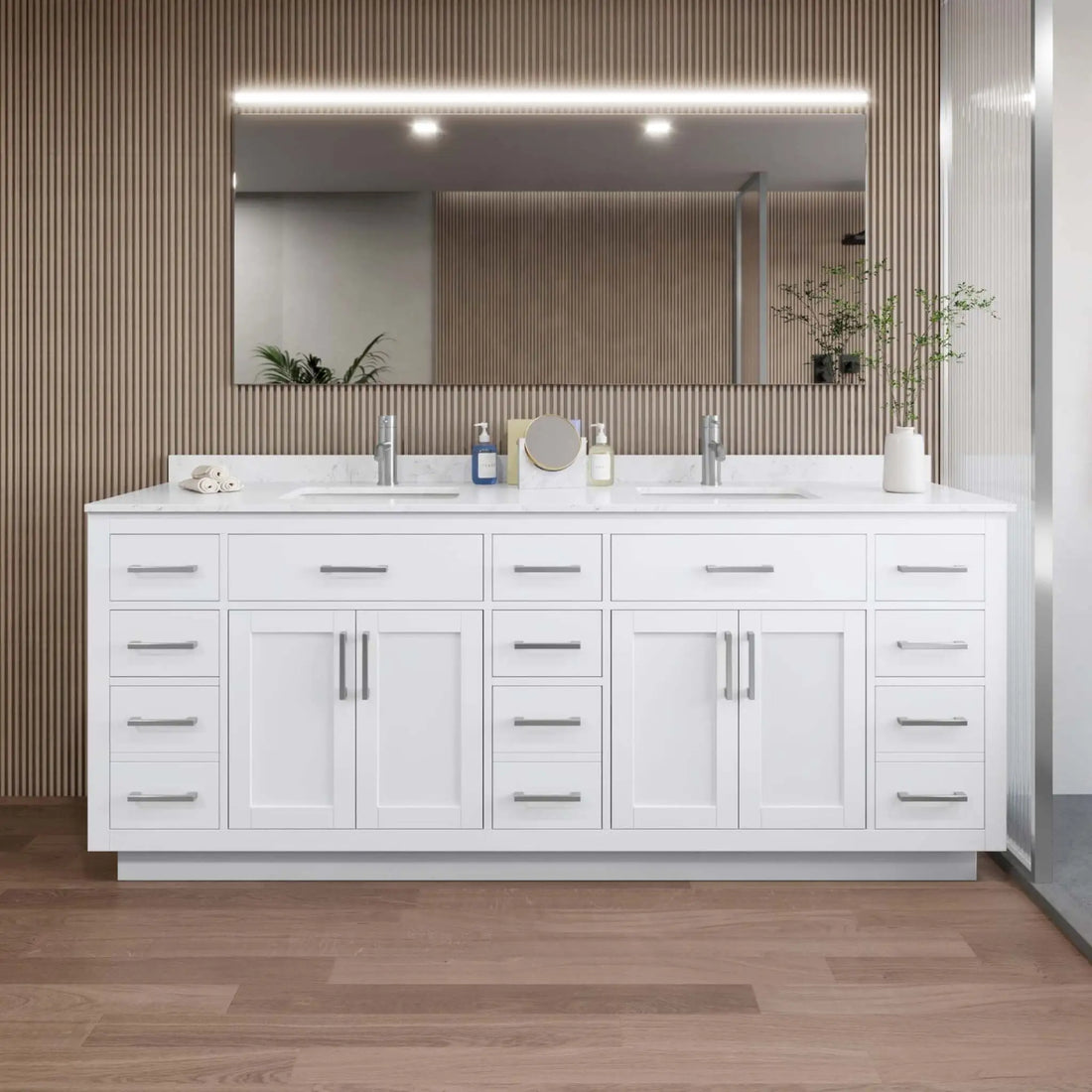 84" Beckett TK Beckett Double Bathroom Vanity with Toe Kick in White with Brushed Nickel Trim by Wyndham