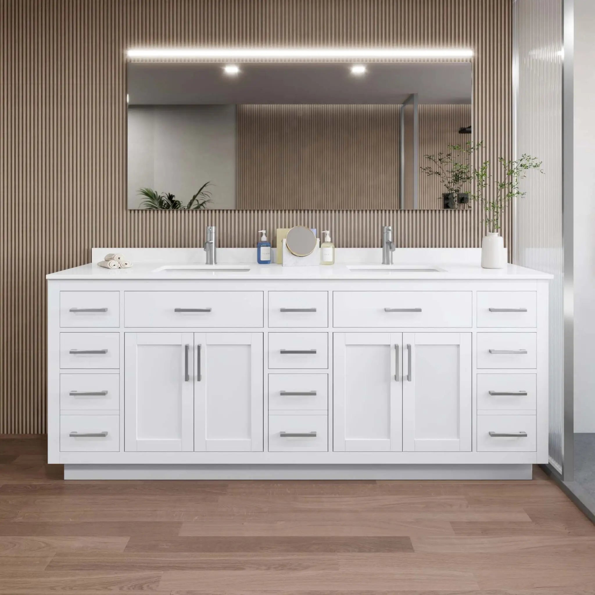 84" Beckett TK Beckett Double Bathroom Vanity with Toe Kick in White with Brushed Nickel Trim by Wyndham