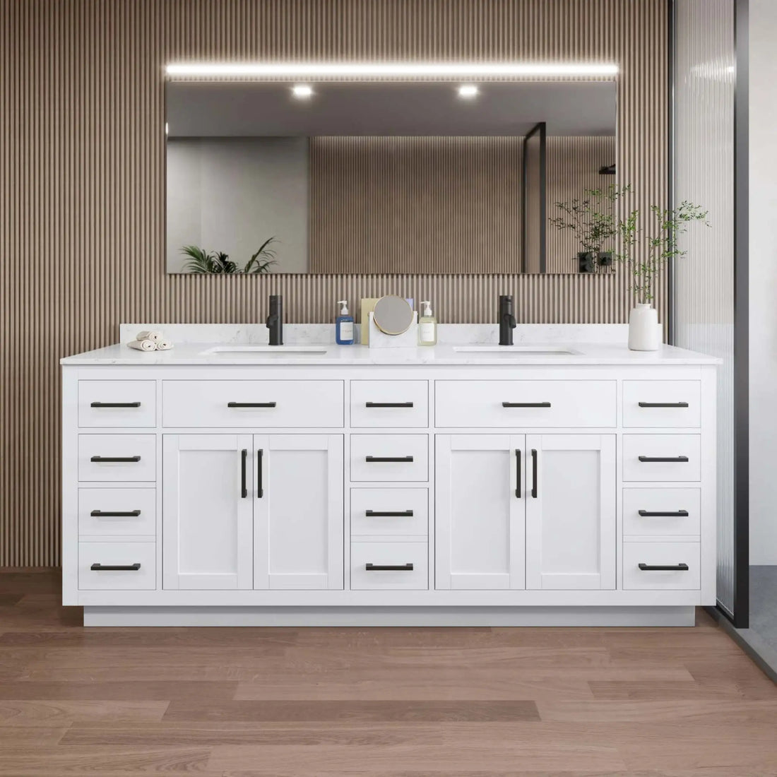 84" Beckett TK Beckett Double Bathroom Vanity with Toe Kick in White with Matte Black Trim by Wyndham