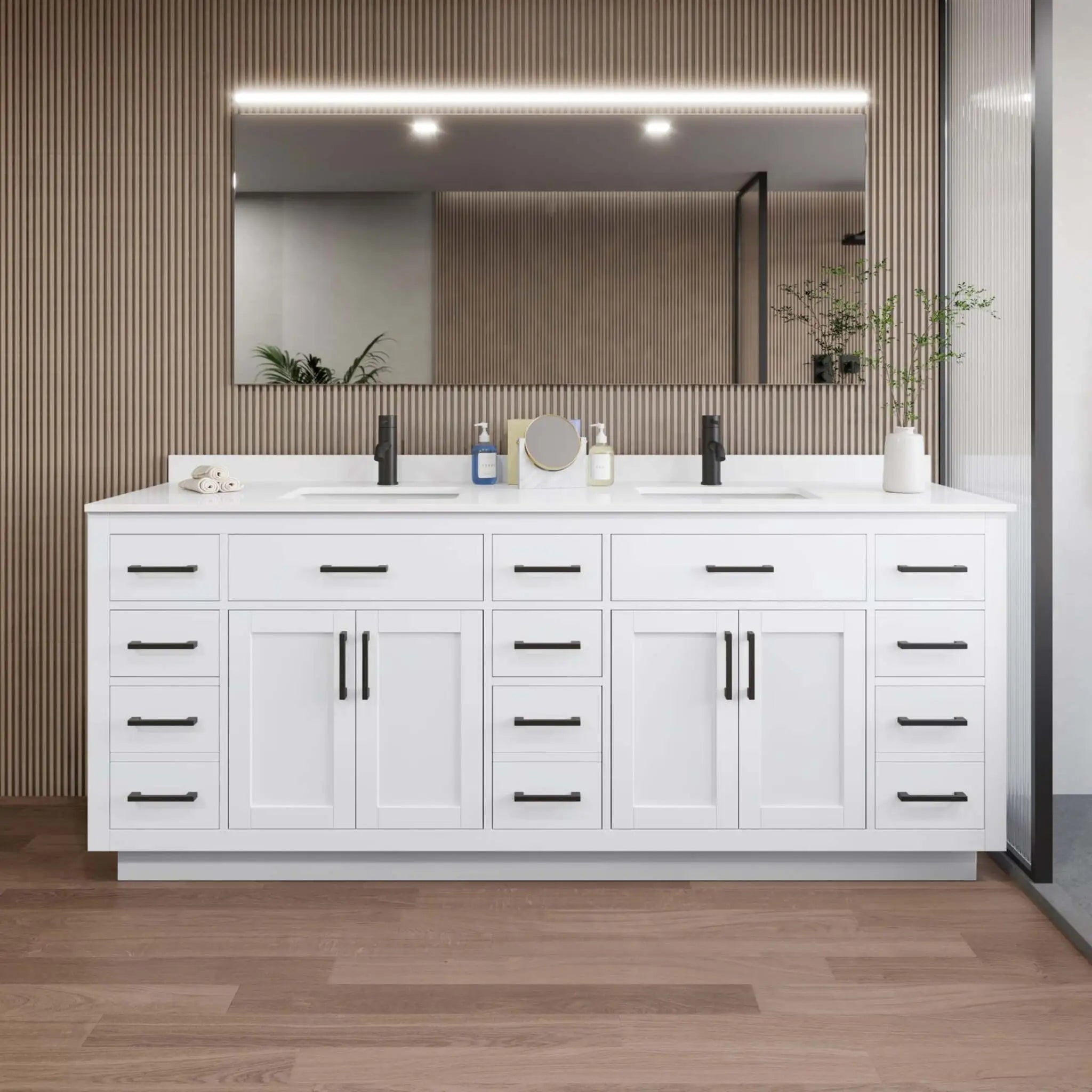 84" Beckett TK Beckett Double Bathroom Vanity with Toe Kick in White with Matte Black Trim by Wyndham