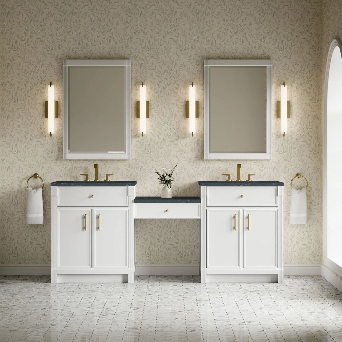 84" Bellshire Dual Vanity in Bright White with 24" Make-Up Counter by James Martin Vanities-Charcoal Soapstone Silestone 1