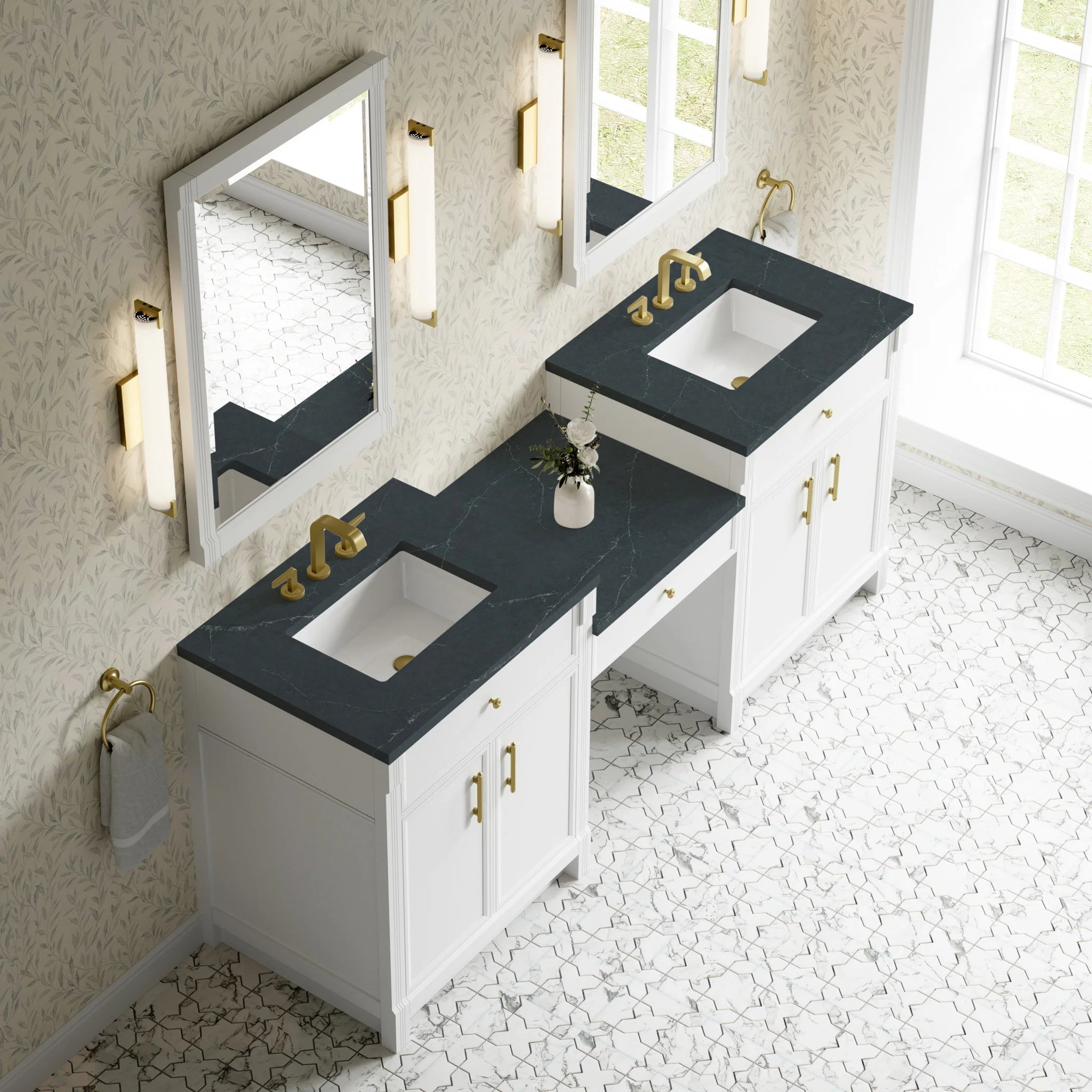 84" Bellshire Dual Vanity in Bright White with 24" Make-Up Counter by James Martin Vanities-Charcoal Soapstone Silestone 3