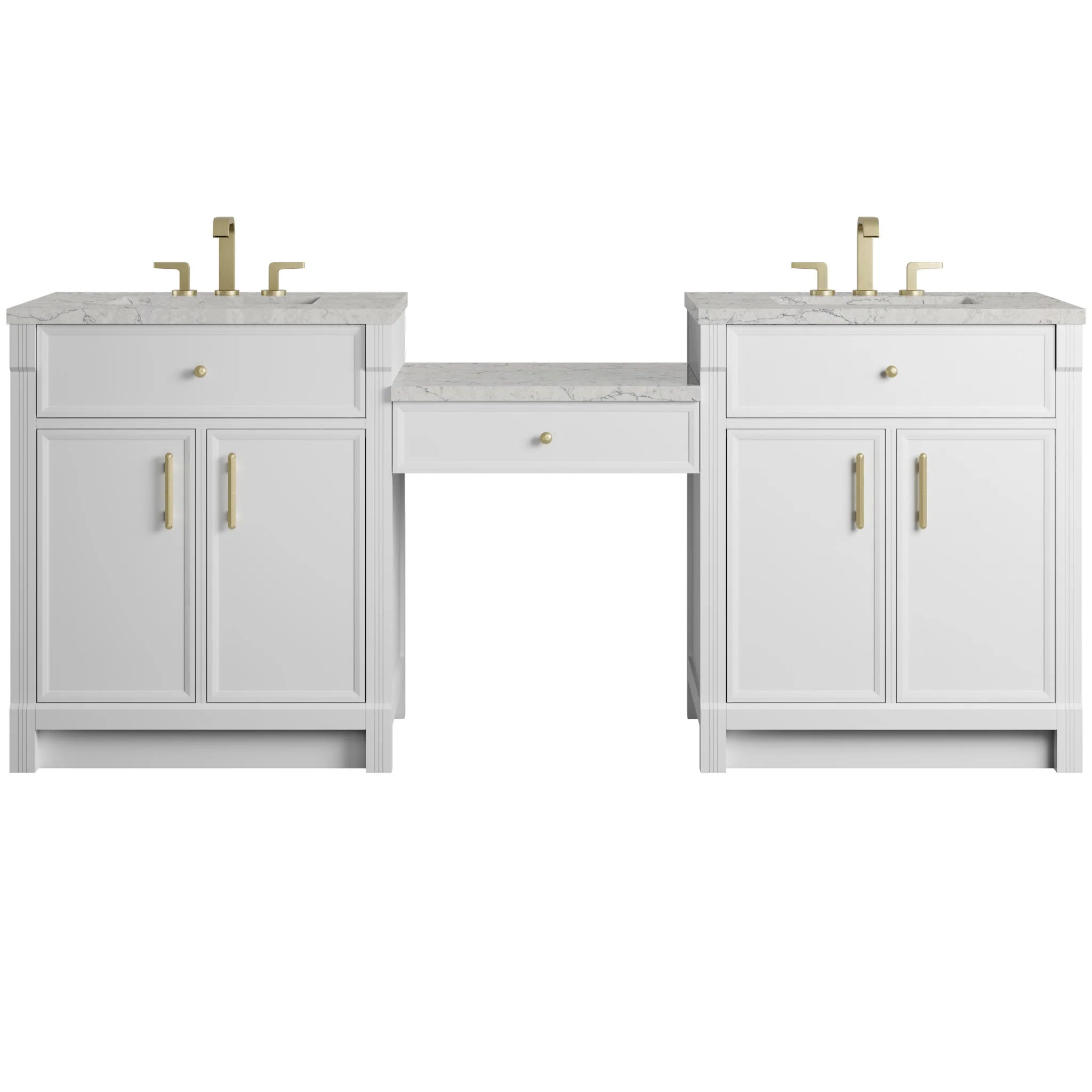 84" Bellshire Dual Vanity in Bright White with 24" Make-Up Counter by James Martin Vanities-Eternal Jasmine Pearl Silestone 