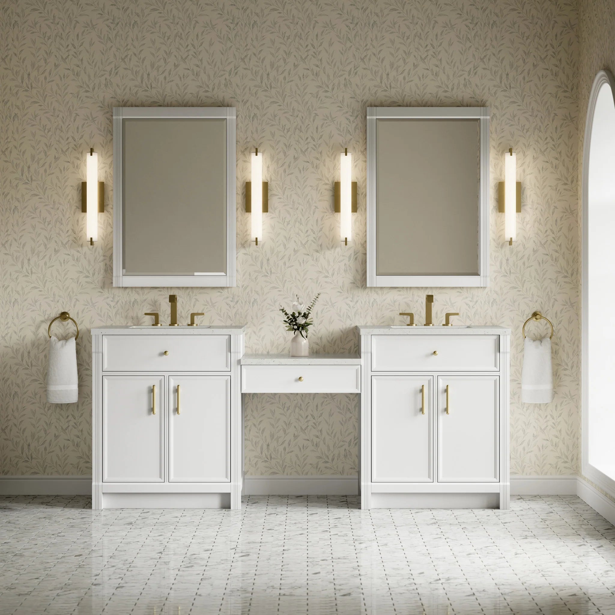 84" Bellshire Dual Vanity in Bright White with 24" Make-Up Counter by James Martin Vanities-Lime Delight Silestone 1
