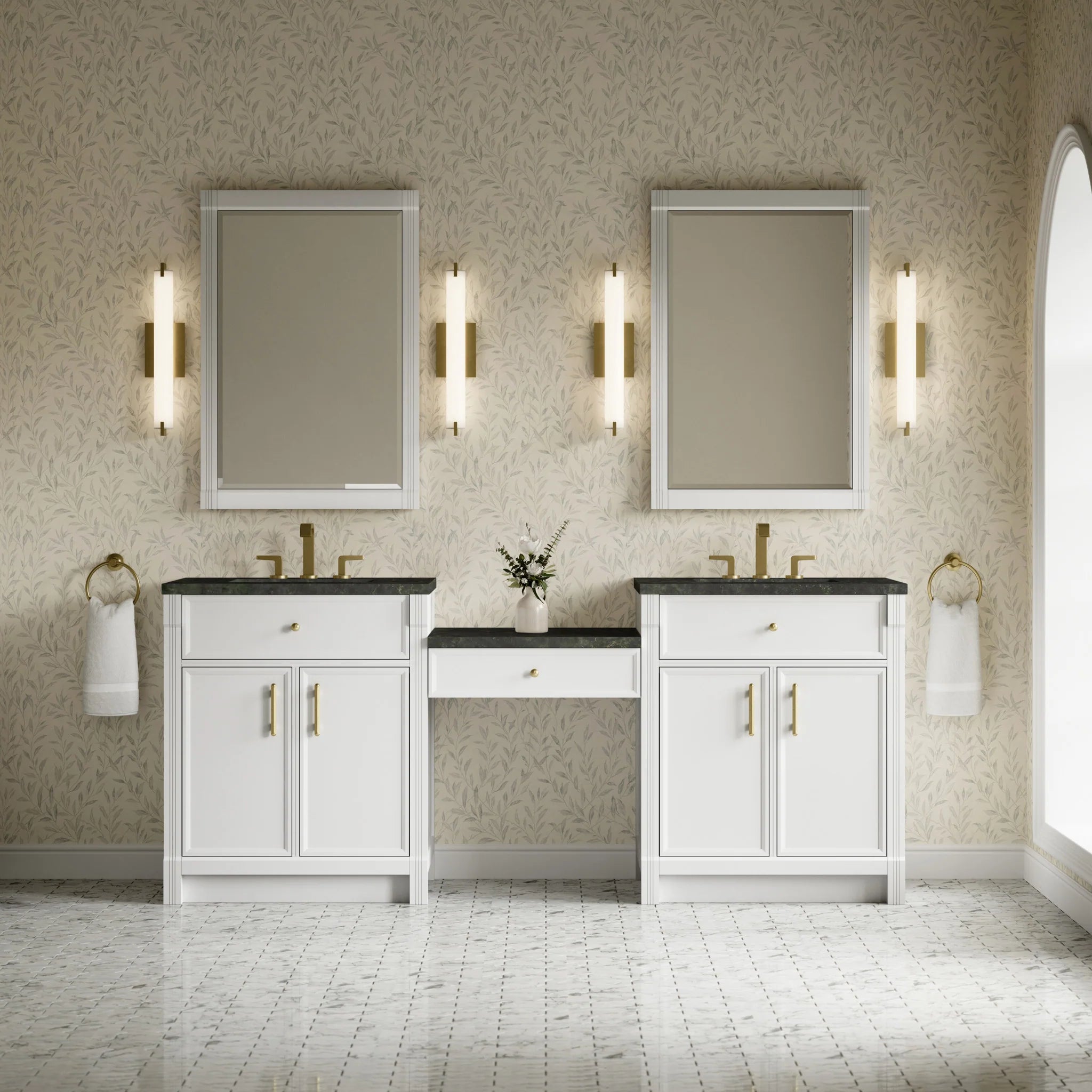 84" Bellshire Dual Vanity in Bright White with 24" Make-Up Counter by James Martin Vanities-Phantome Eclos 1