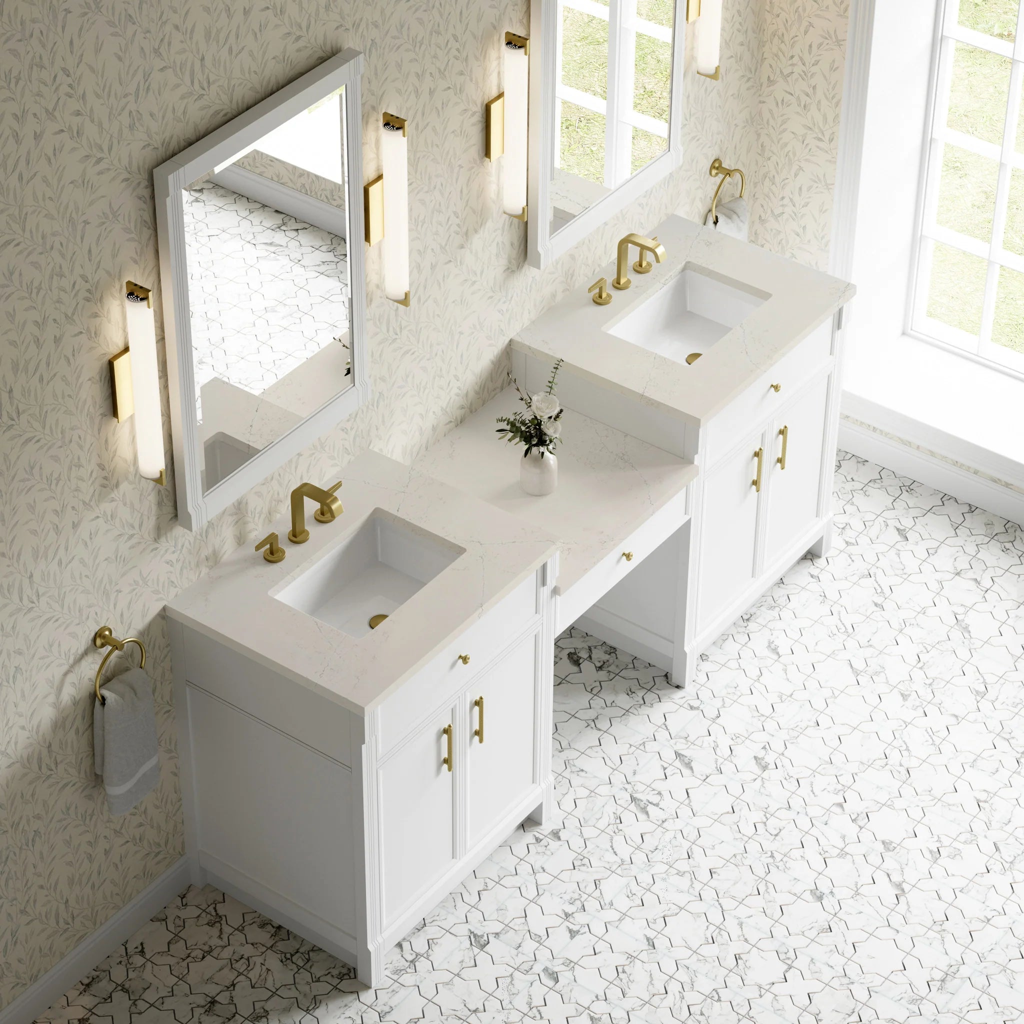 84" Bellshire Dual Vanity in Bright White with 24" Make-Up Counter by James Martin Vanities-Siberian Silestone 3