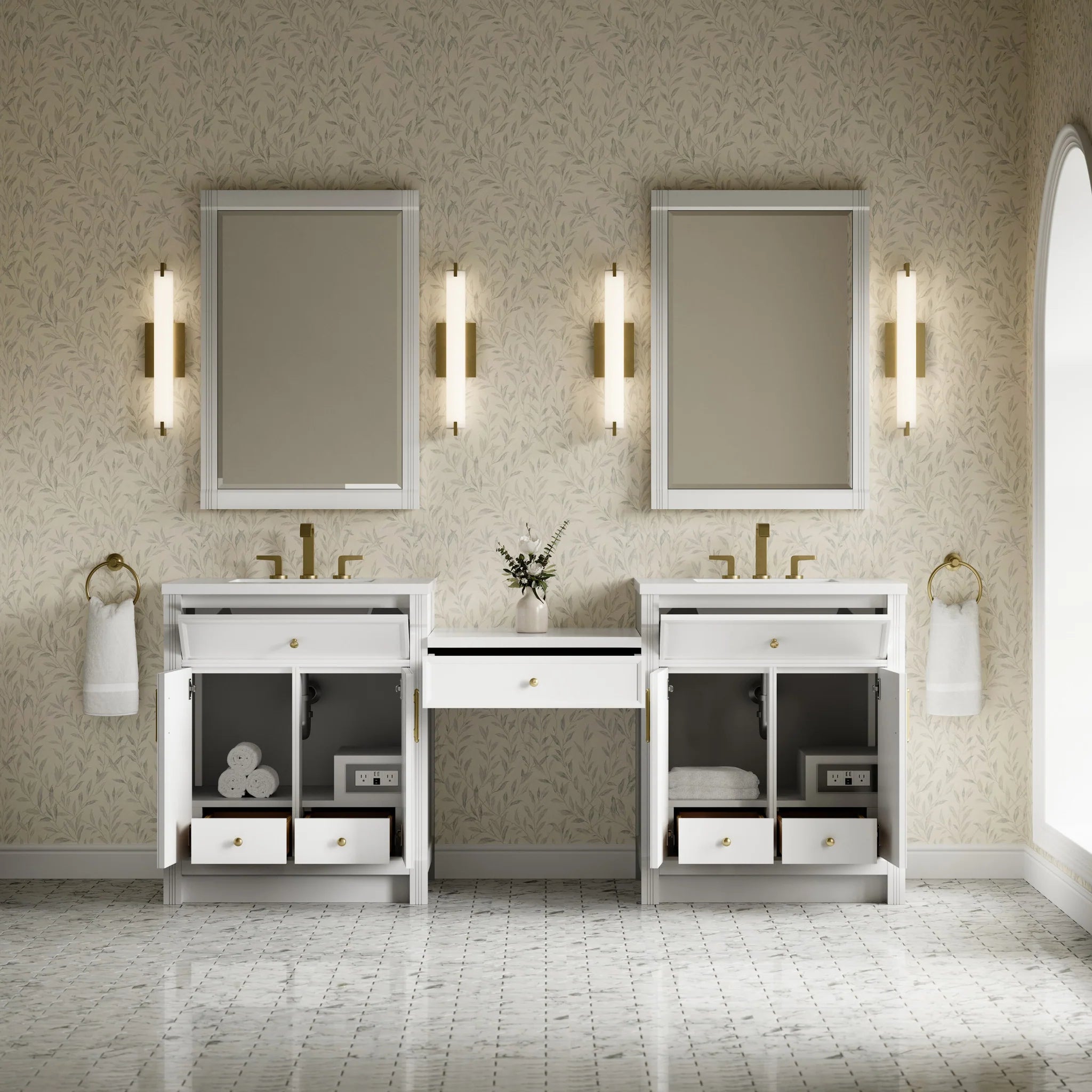84" Bellshire Dual Vanity in Bright White with 24" Make-Up Counter by James Martin Vanities-White Zeus Silestone 2