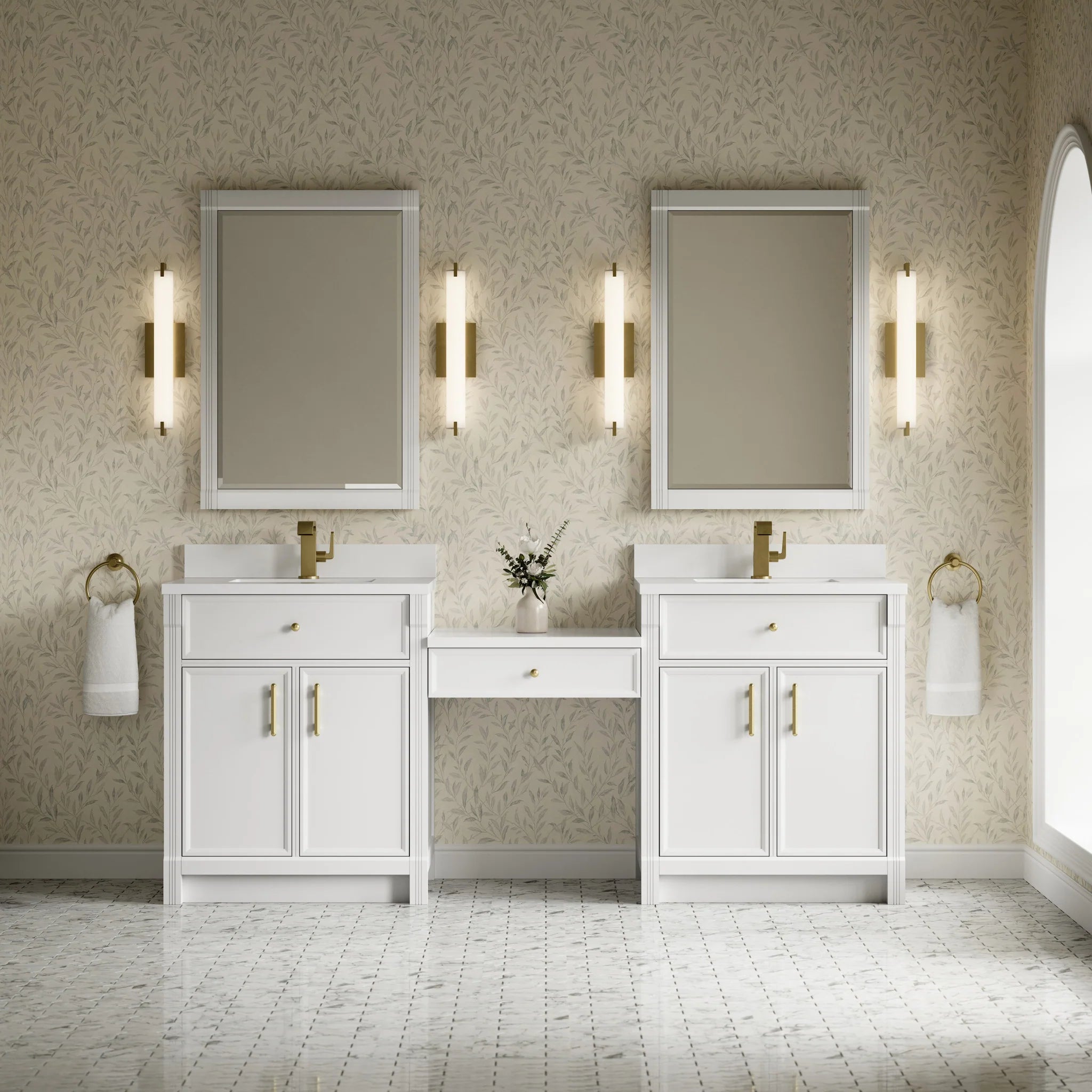 84" Bellshire Dual Vanity in Bright White with 24" Make-Up Counter by James Martin Vanities-White Zeus Silestone & Backsplash 1