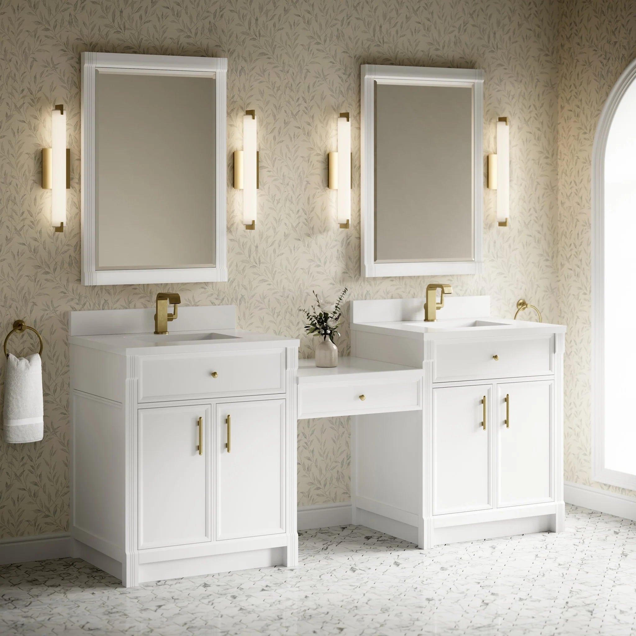 84" Bellshire Dual Vanity in Bright White with 24" Make-Up Counter by James Martin Vanities-White Zeus Silestone & Backsplash 2