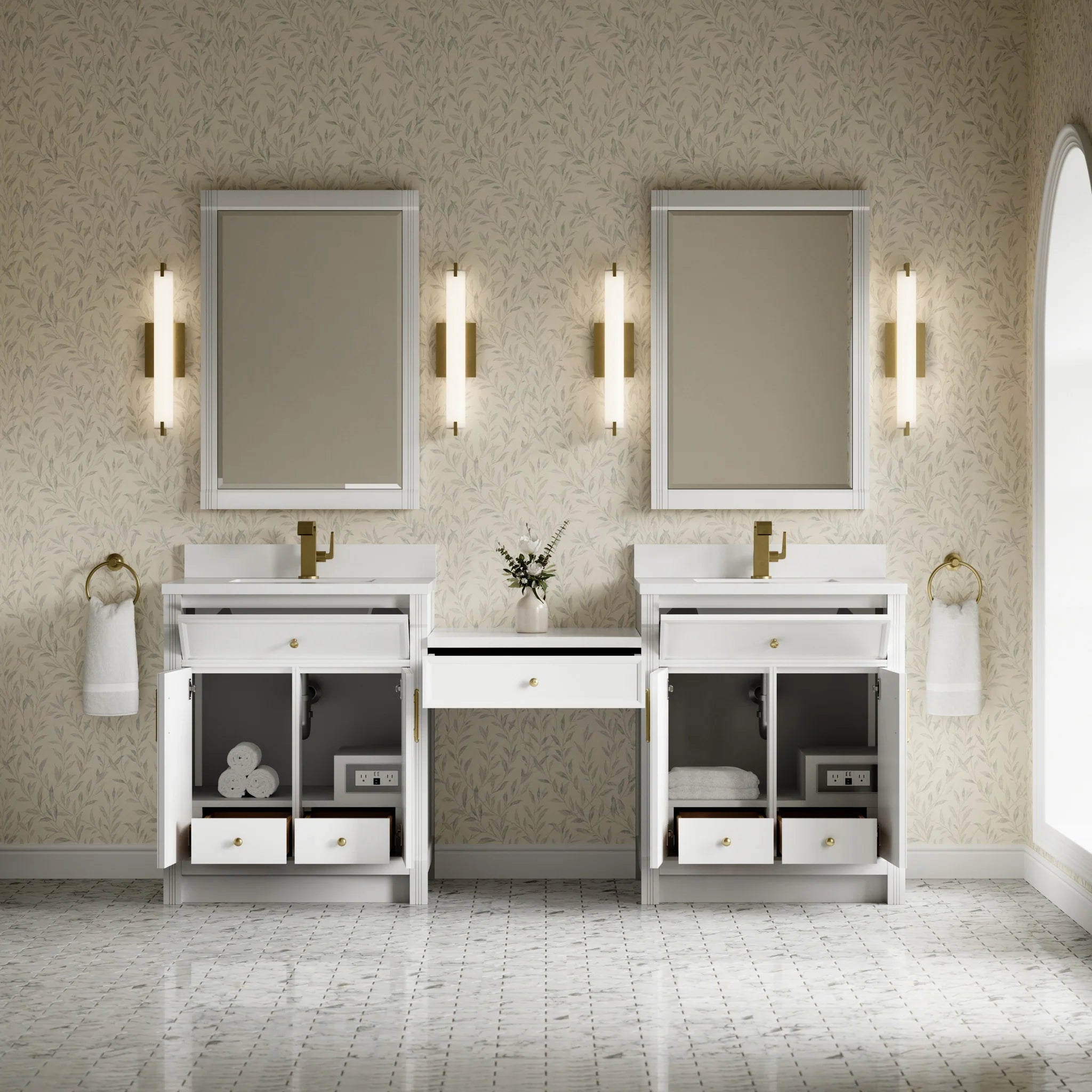 84" Bellshire Dual Vanity in Bright White with 24" Make-Up Counter by James Martin Vanities-White Zeus Silestone & Backsplash 3