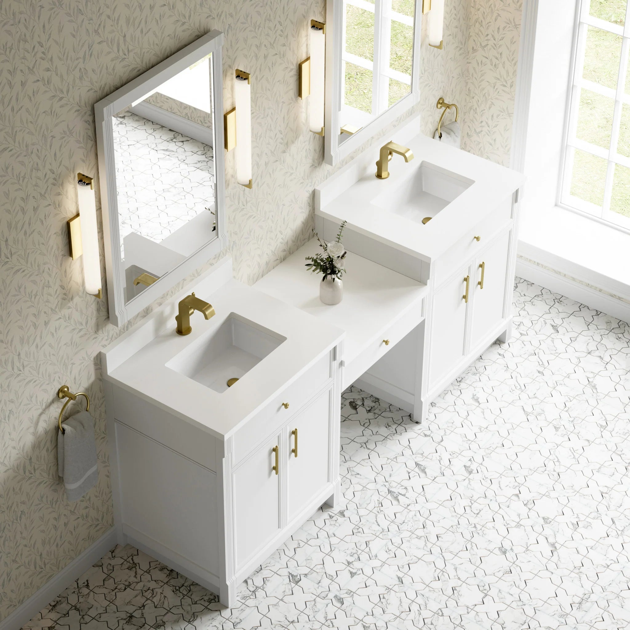 84" Bellshire Dual Vanity in Bright White with 24" Make-Up Counter by James Martin Vanities-White Zeus Silestone & Backsplash 4