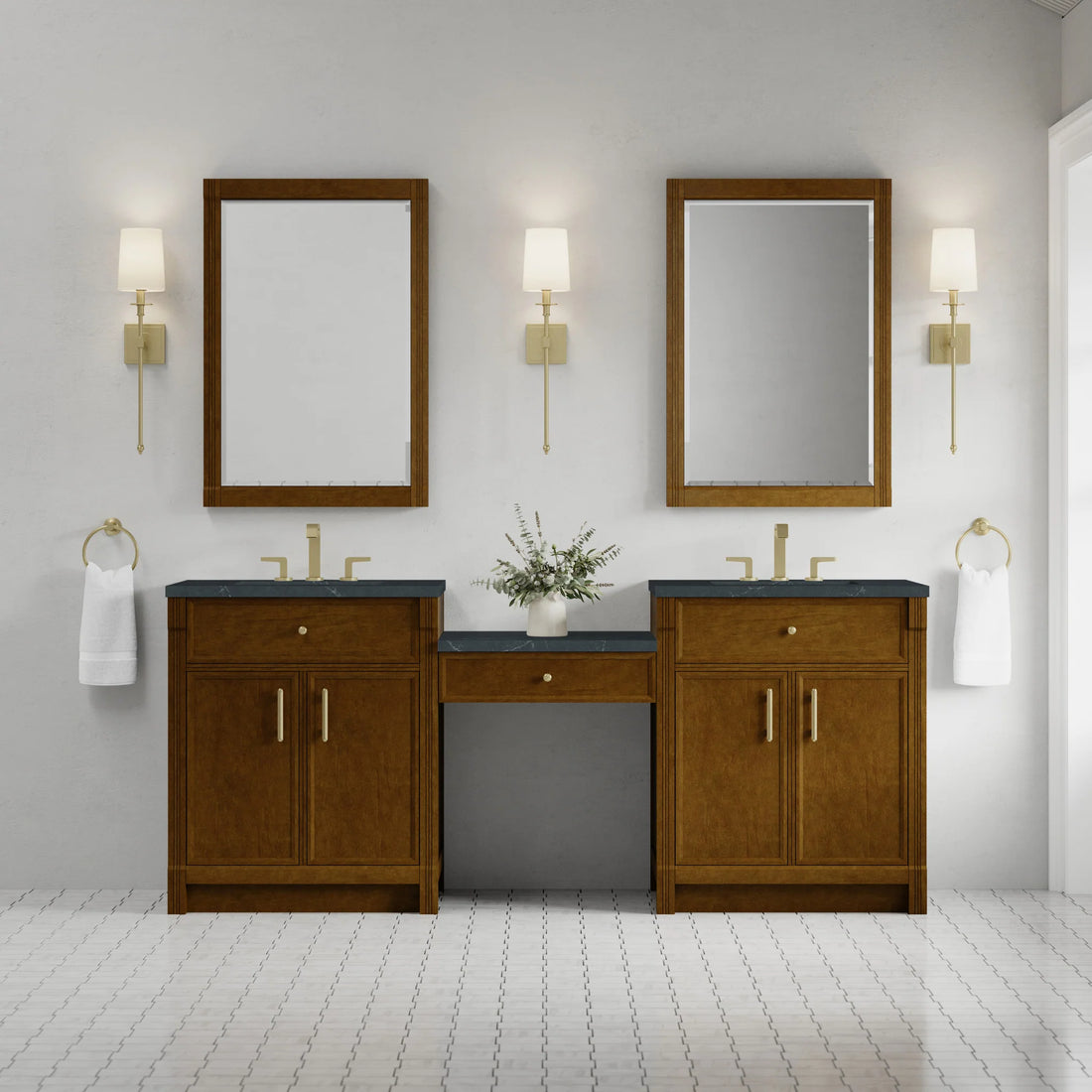 84" Bellshire Dual Vanity in Honey Oak with 24" Make-Up Counter by James Martin Vanities-Charcoal Soapstone Silestone 1