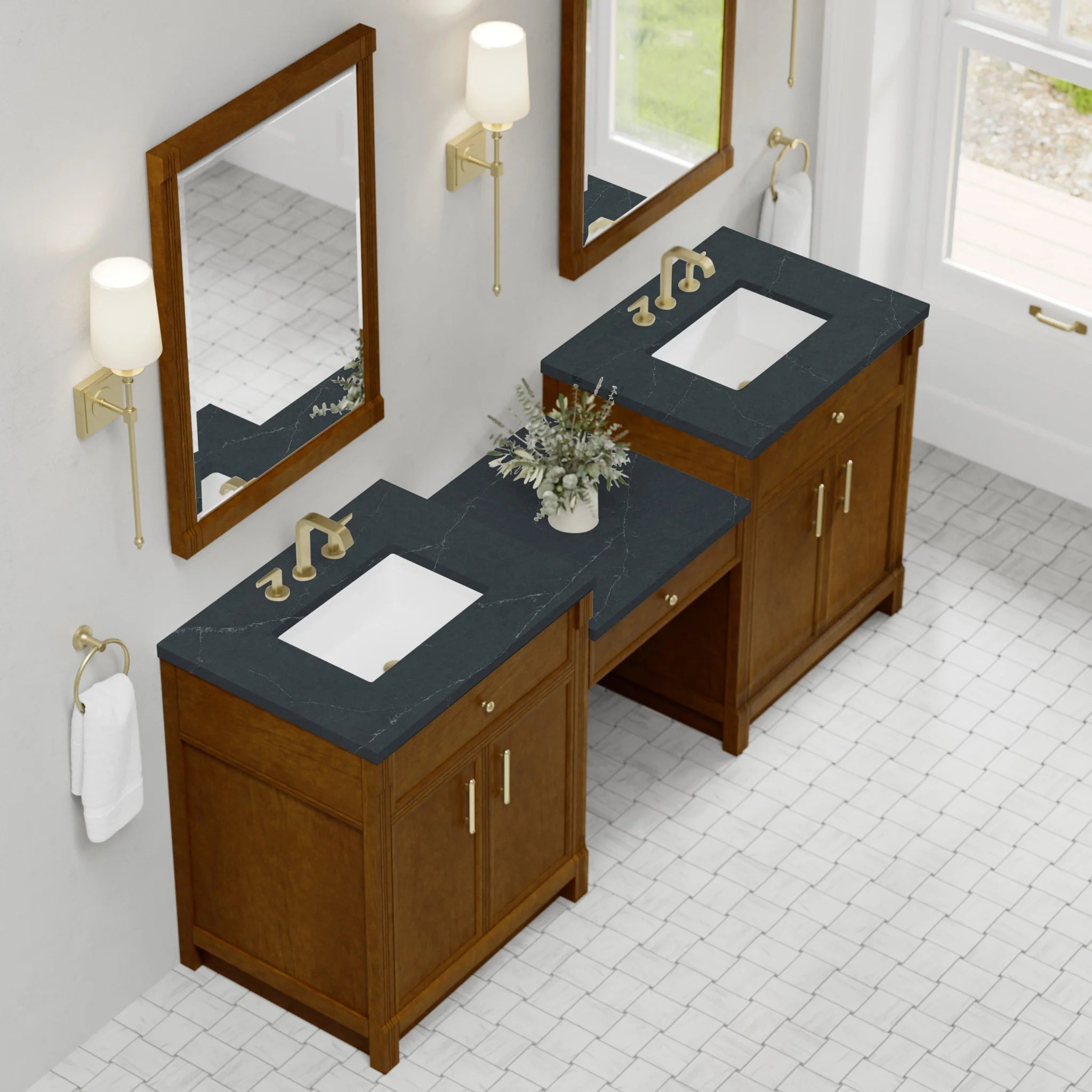 84" Bellshire Dual Vanity in Honey Oak with 24" Make-Up Counter by James Martin Vanities-Charcoal Soapstone Silestone 3