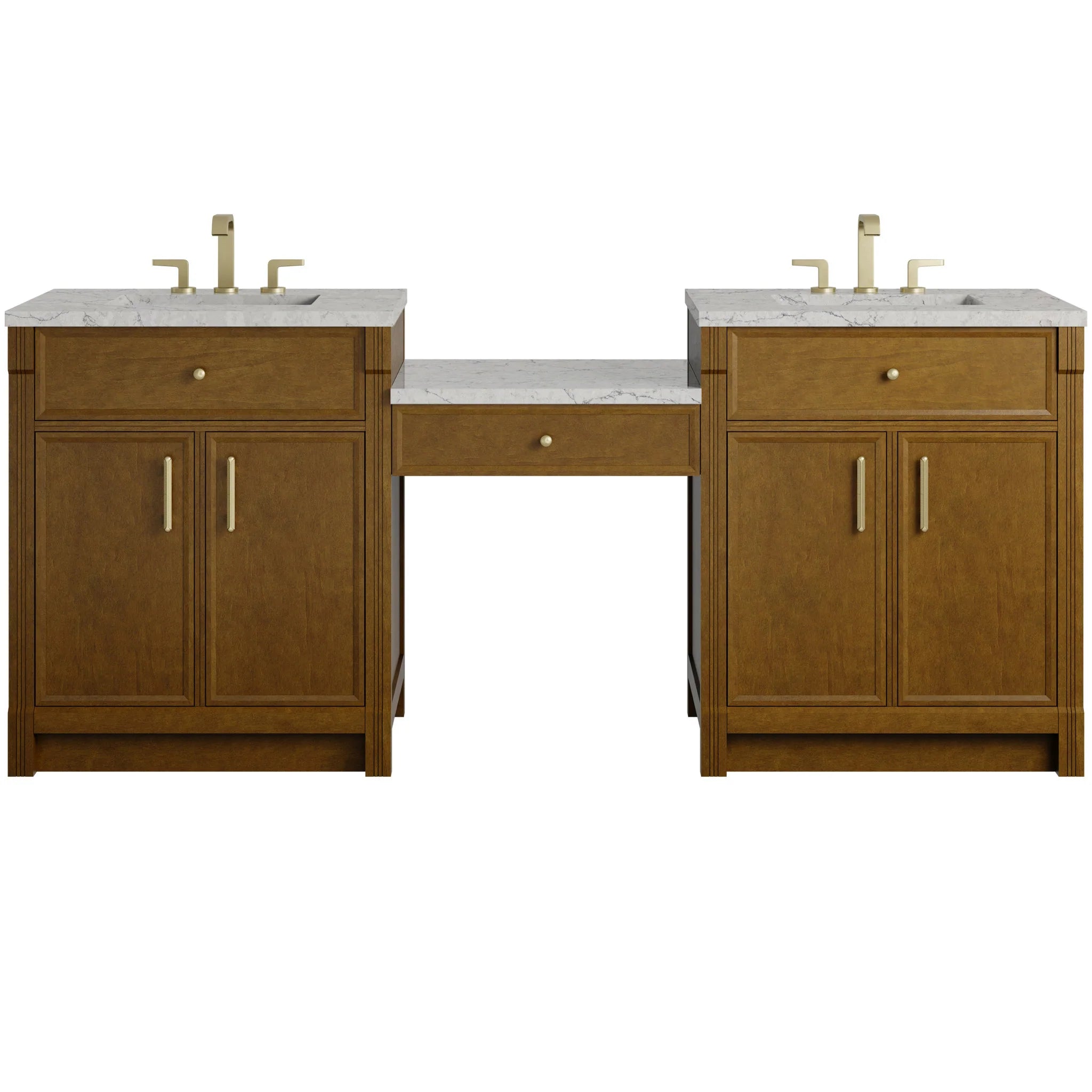 84" Bellshire Dual Vanity in Honey Oak with 24" Make-Up Counter by James Martin Vanities-Eternal Jasmine Pearl Silestone 