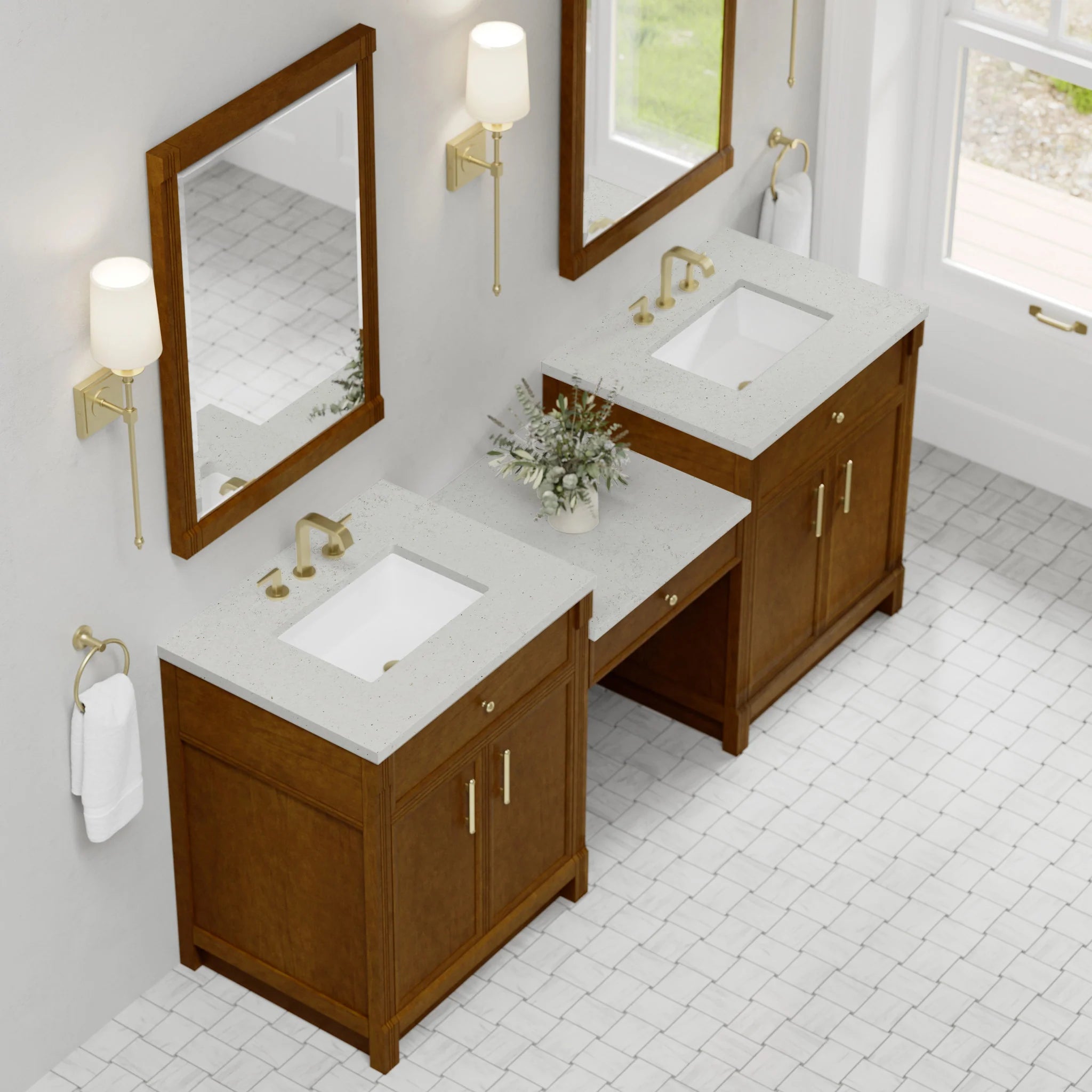 84" Bellshire Dual Vanity in Honey Oak with 24" Make-Up Counter by James Martin Vanities-Lime Delight Silestone 3