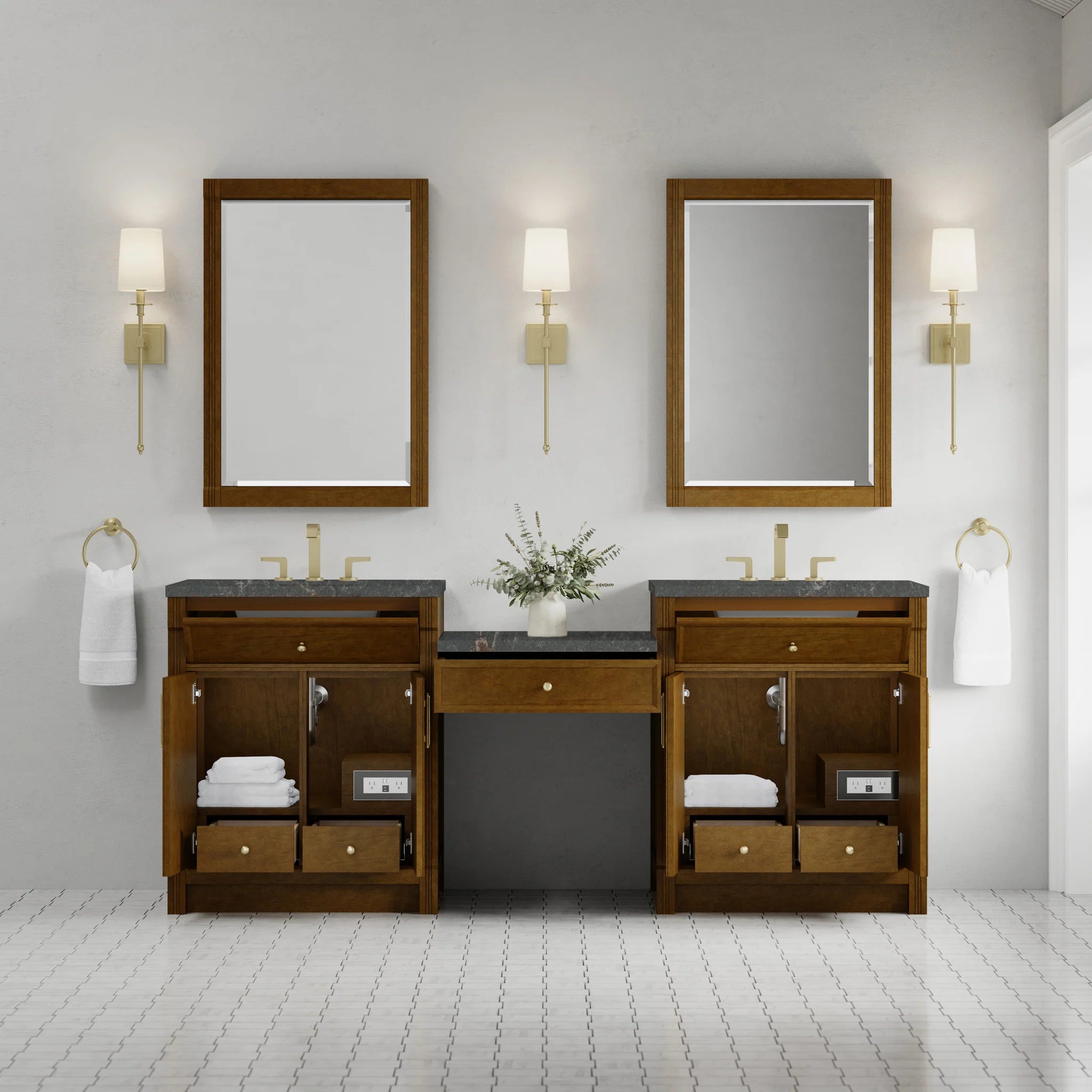 84" Bellshire Dual Vanity in Honey Oak with 24" Make-Up Counter by James Martin Vanities-Parisien Bleu Silestone 2