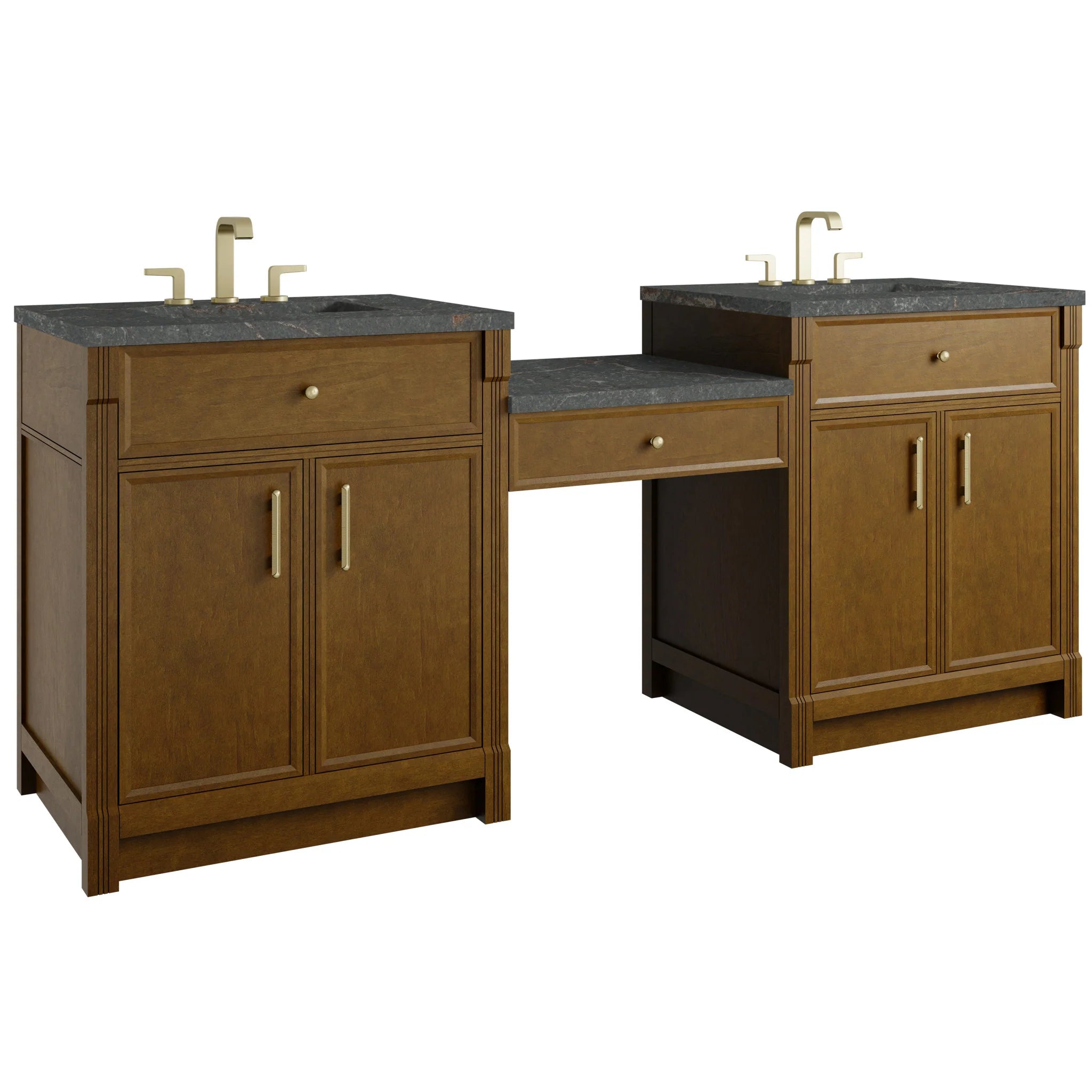 84" Bellshire Dual Vanity in Honey Oak with 24" Make-Up Counter by James Martin Vanities-Parisien Bleu Silestone 4