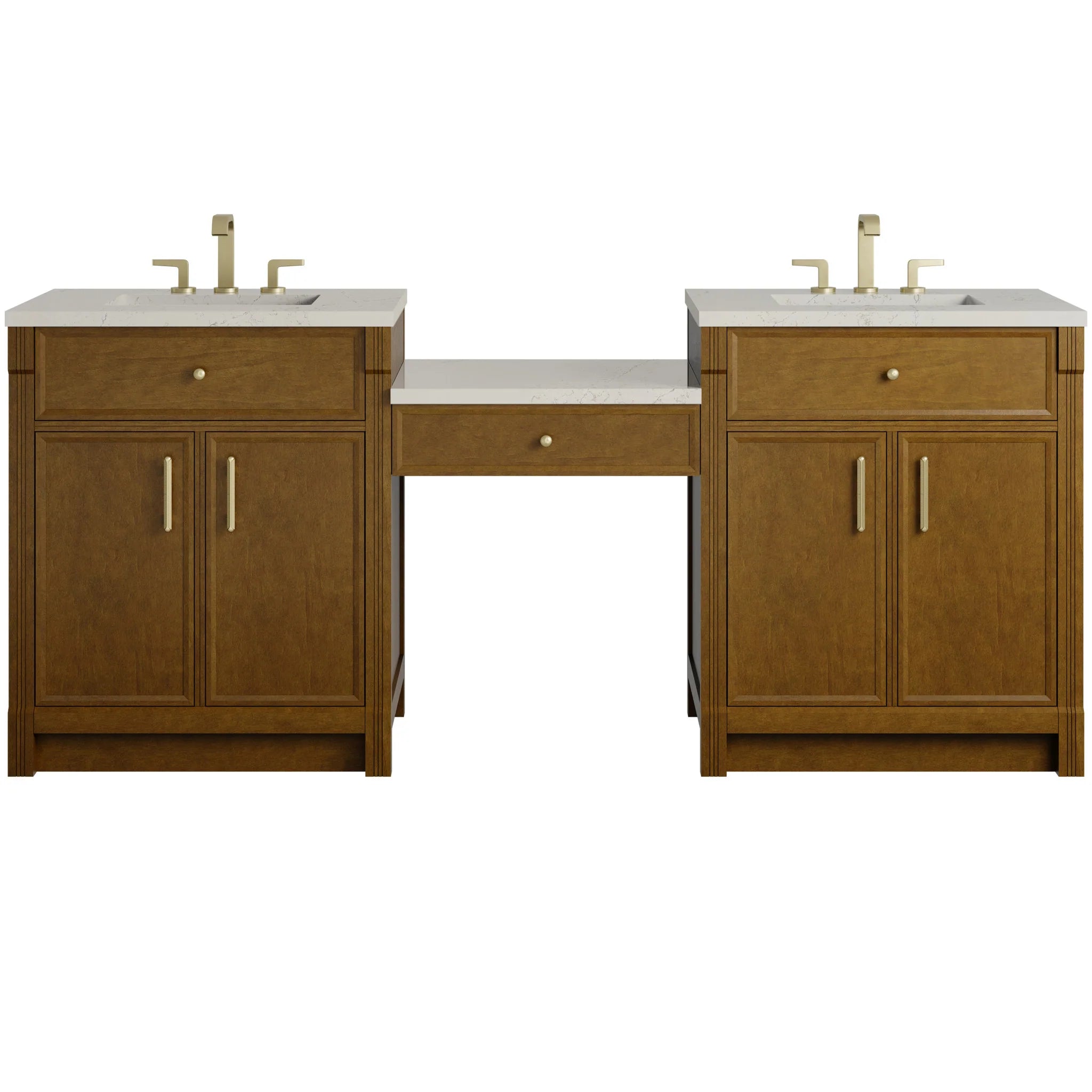 84" Bellshire Dual Vanity in Honey Oak with 24" Make-Up Counter by James Martin Vanities-Siberian Silestone 