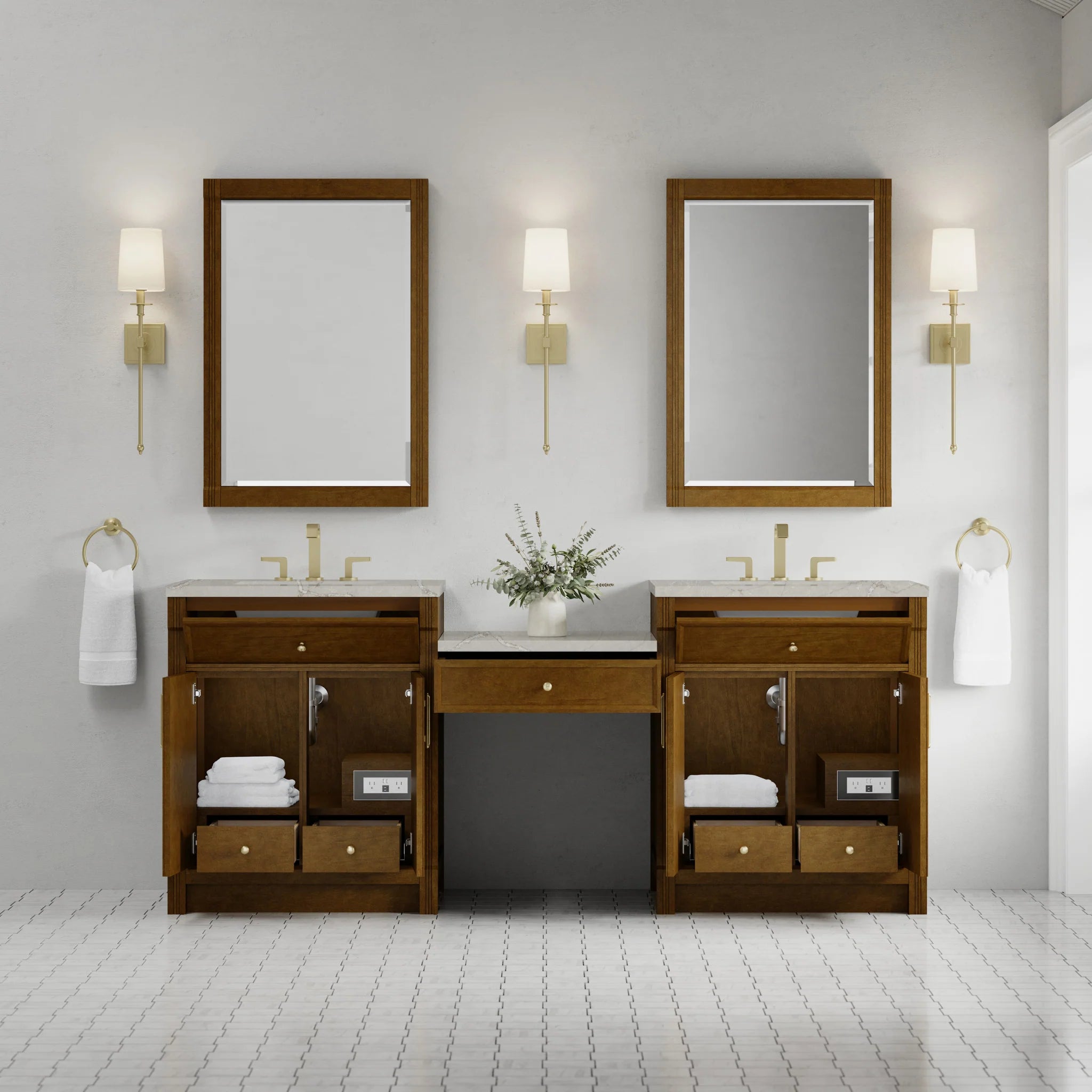 84" Bellshire Dual Vanity in Honey Oak with 24" Make-Up Counter by James Martin Vanities-Victorian Silver Silestone 2