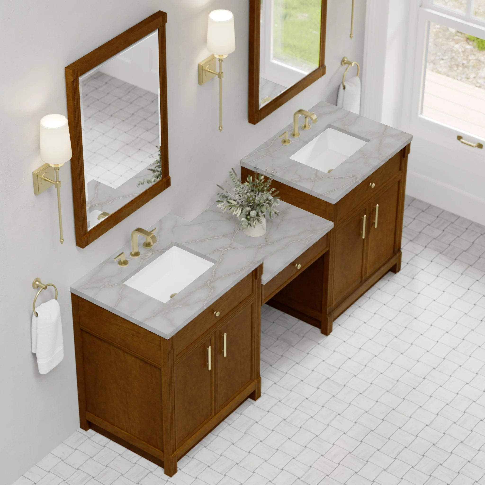 84" Bellshire Dual Vanity in Honey Oak with 24" Make-Up Counter by James Martin Vanities-Victorian Silver Silestone 3
