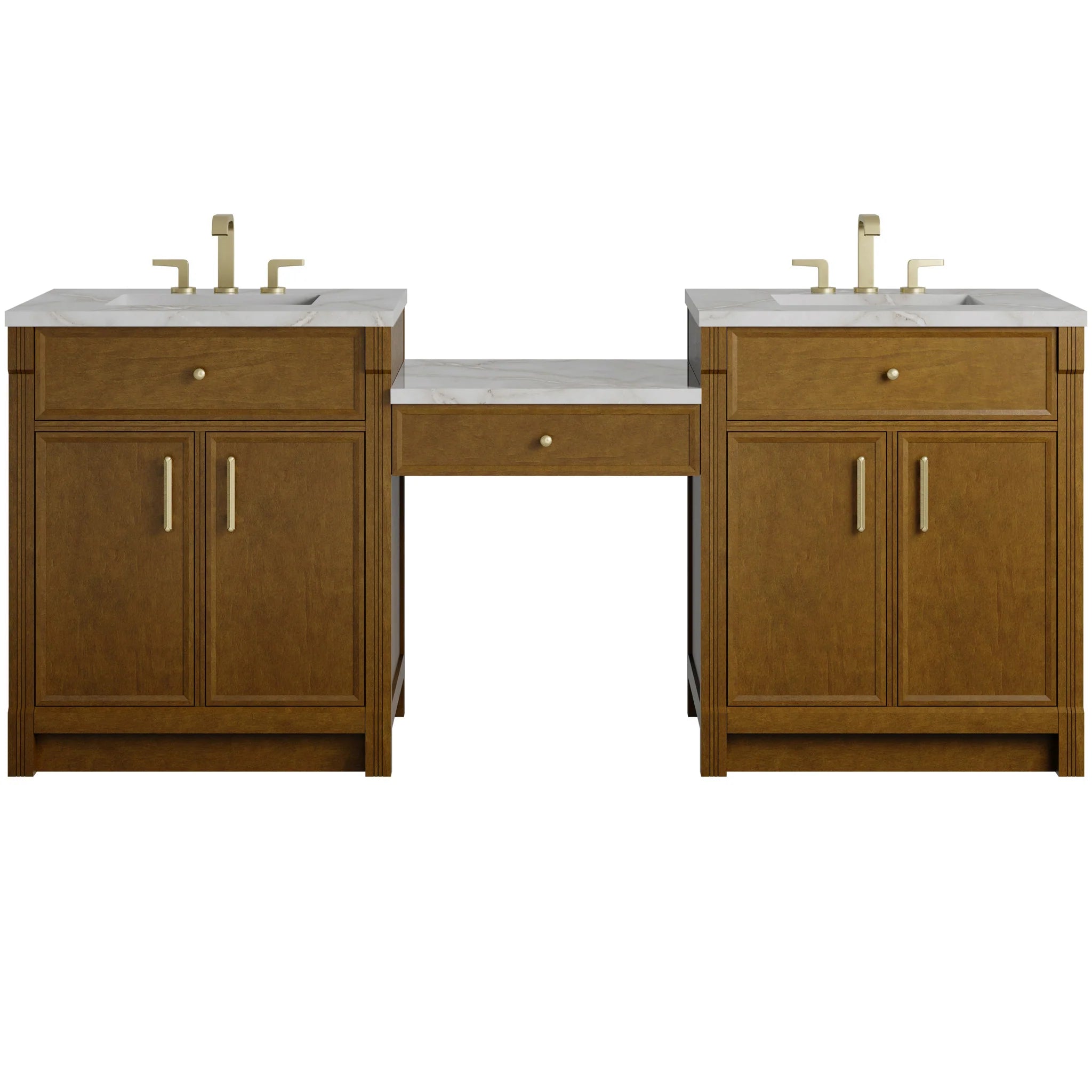 84" Bellshire Dual Vanity in Honey Oak with 24" Make-Up Counter by James Martin Vanities-Victorian Silver Silestone 