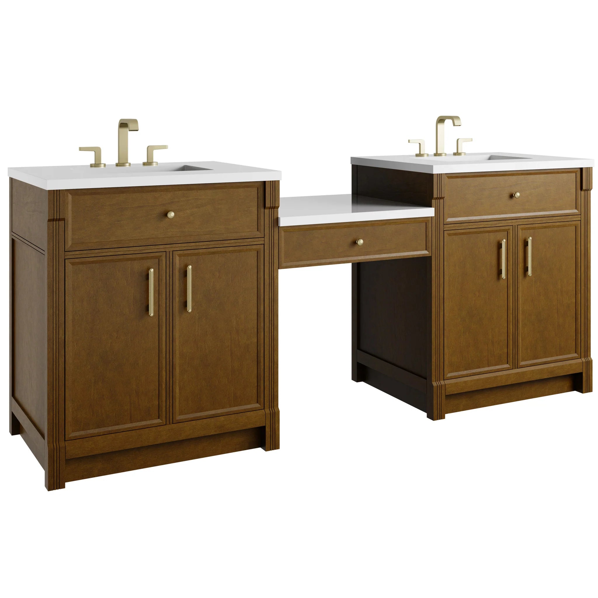 84" Bellshire Dual Vanity in Honey Oak with 24" Make-Up Counter by James Martin Vanities-White Zeus Silestone 4