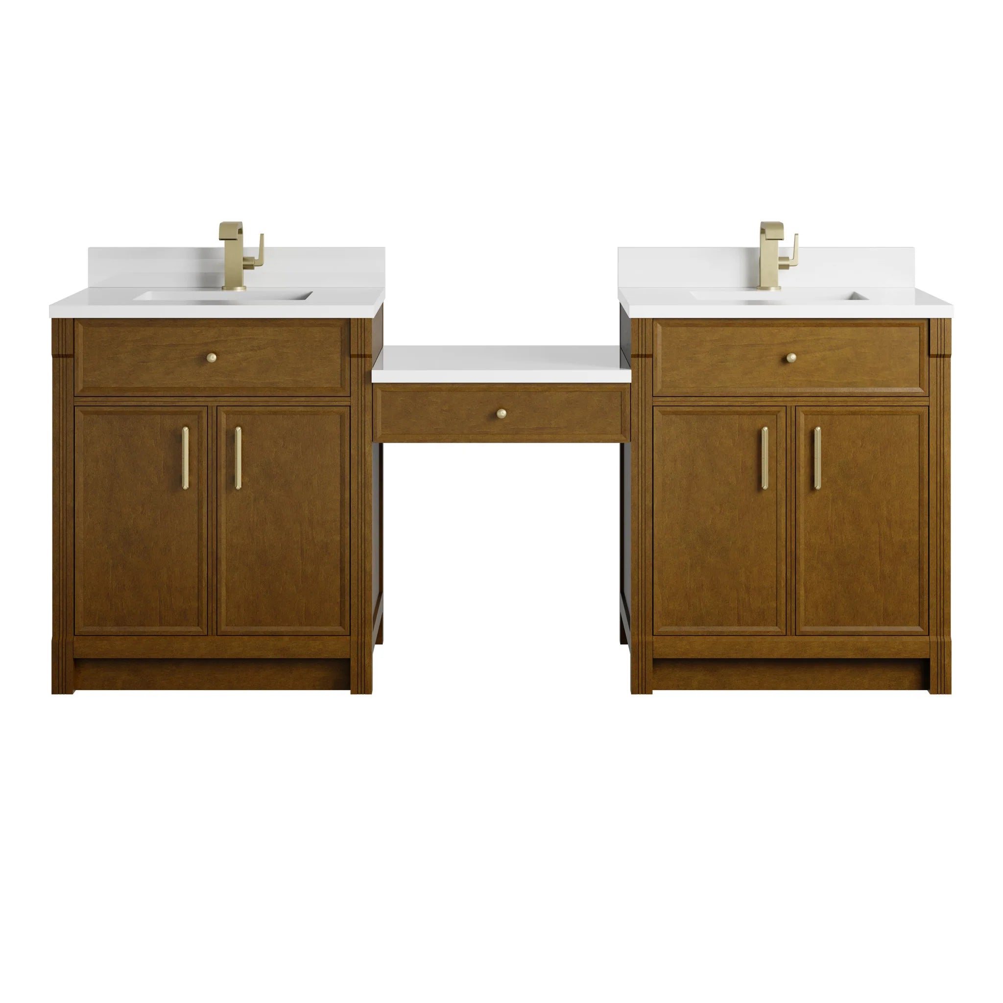 84" Bellshire Dual Vanity in Honey Oak with 24" Make-Up Counter by James Martin Vanities-White Zeus Silestone & Backsplash 
