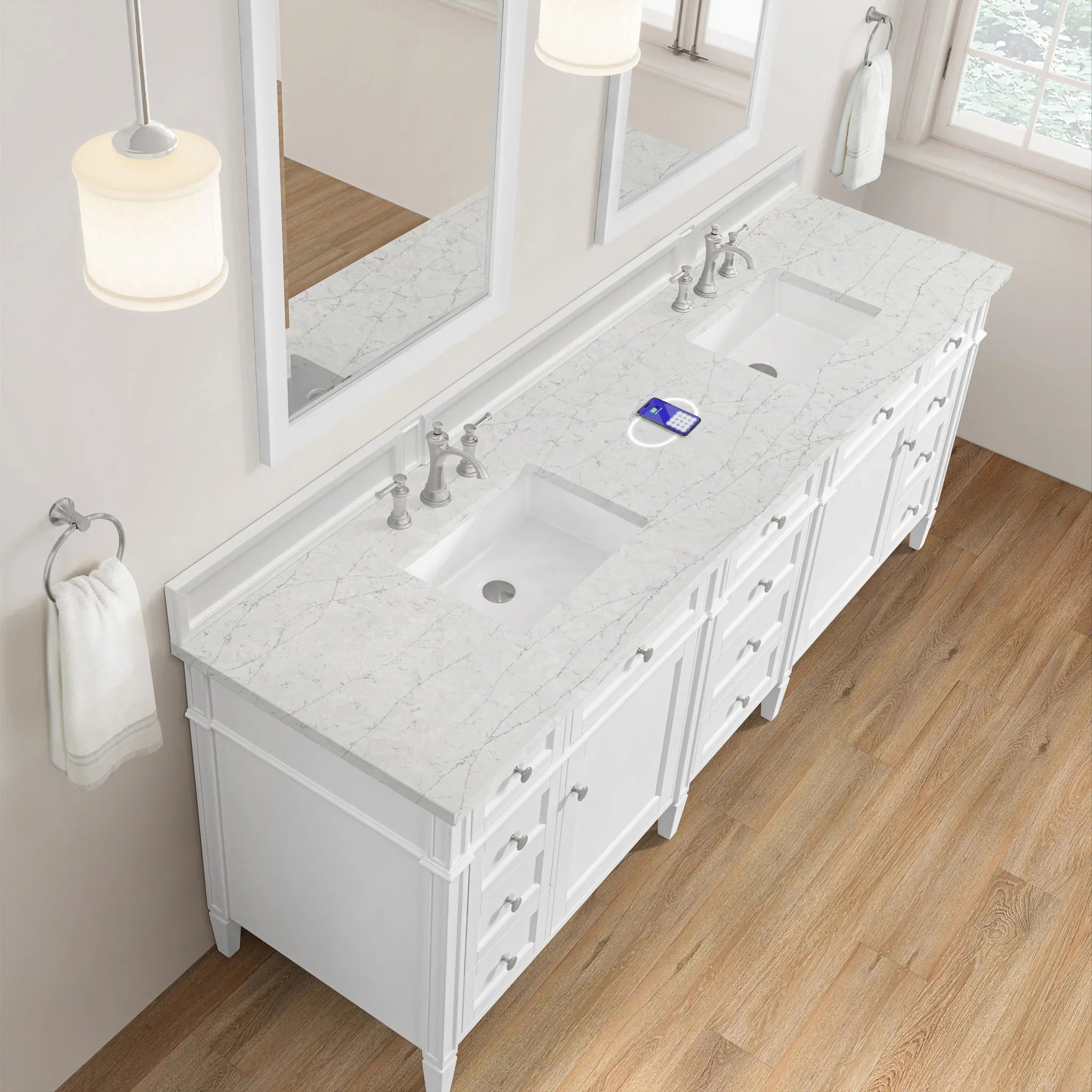 84" Brittany Double Vanity in Bright White w/FreePower Wireless Charger by James Martin Vanities-Eternal Jasmine Pearl Silestone 4
