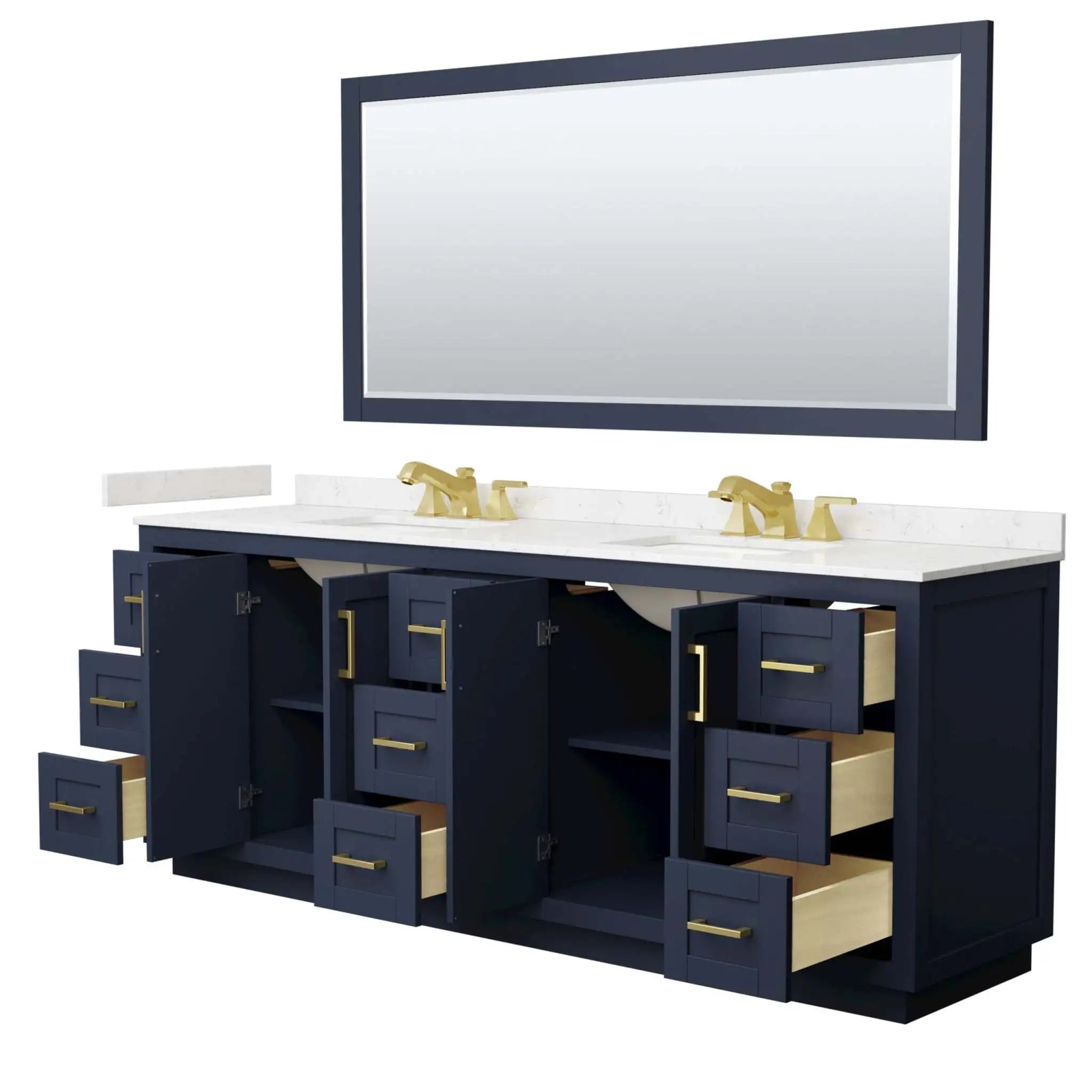 84" Miranda Double Bathroom Vanity in Dark Blue with Brushed Gold Trim & 70" Mirror by Wyndham
