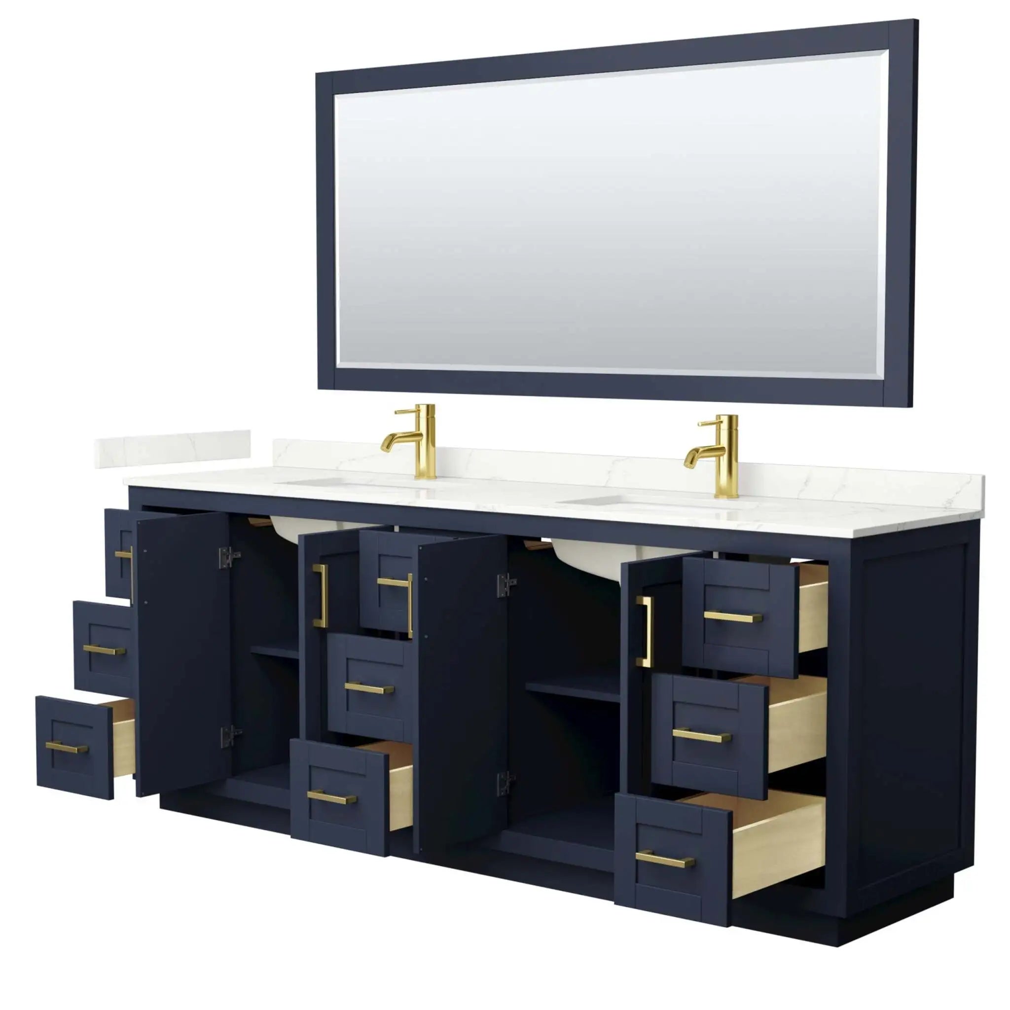 84" Miranda Double Bathroom Vanity in Dark Blue with Brushed Gold Trim & 70" Mirror by Wyndham