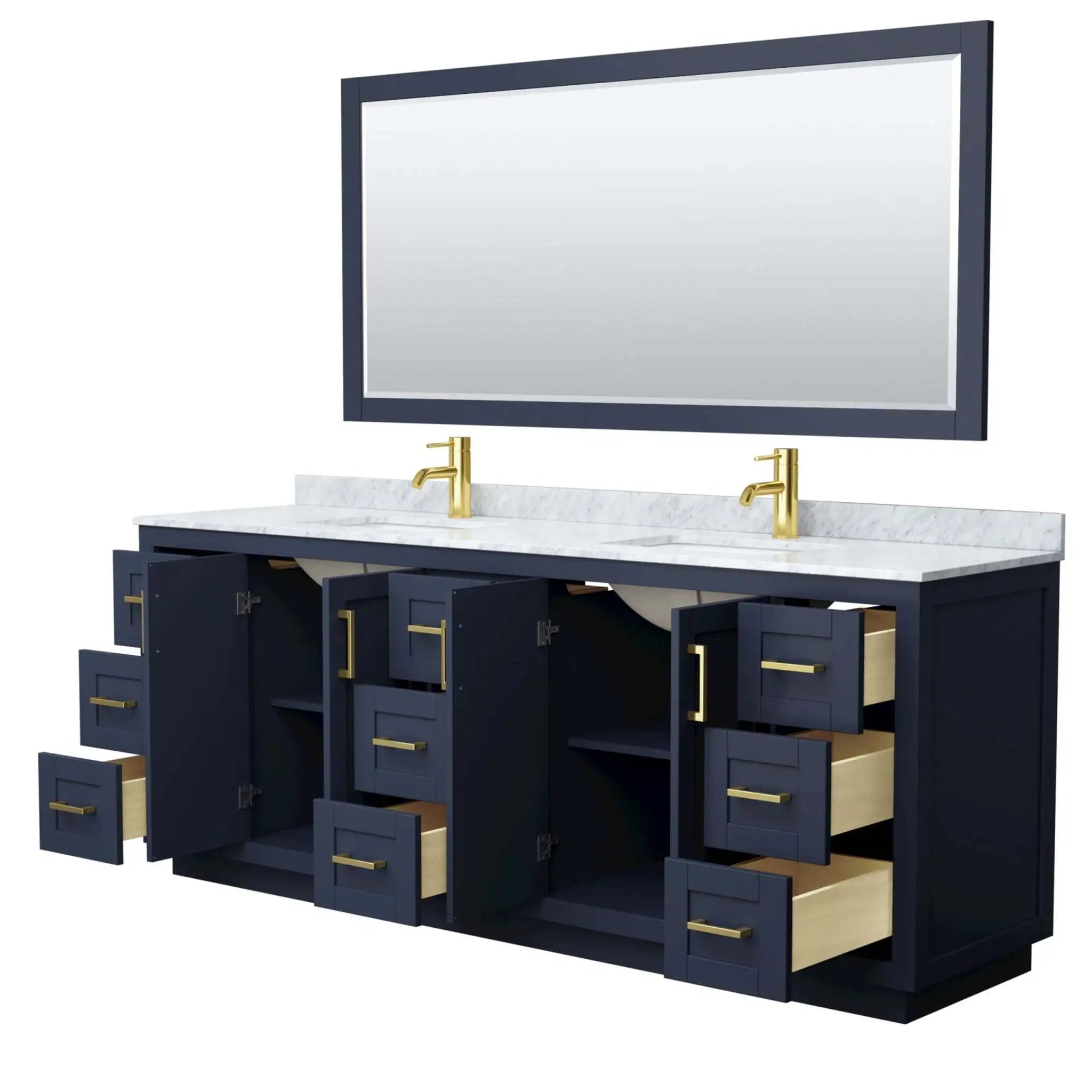 84" Miranda Double Bathroom Vanity in Dark Blue with Brushed Gold Trim & 70" Mirror by Wyndham