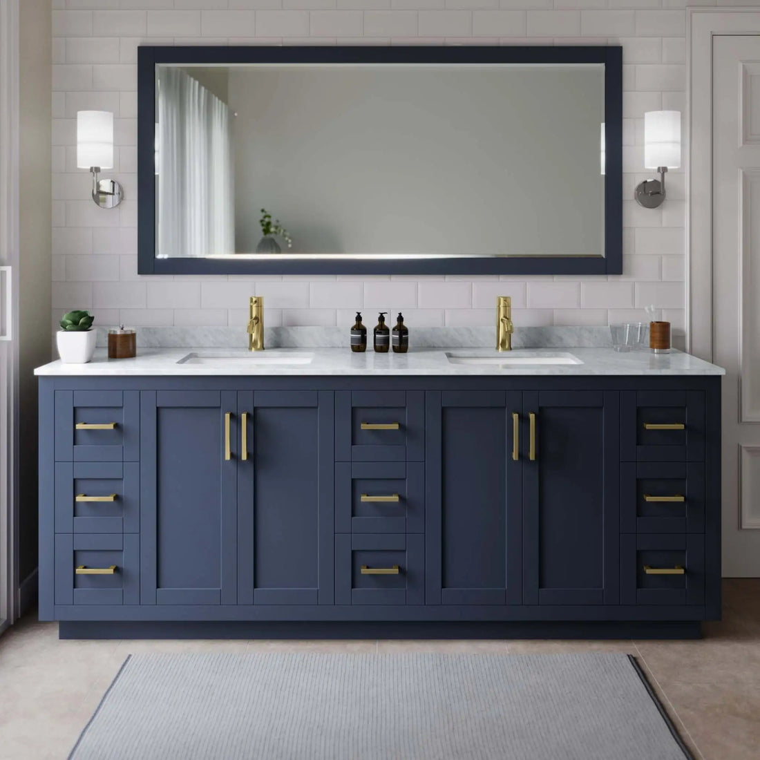 84" Miranda Double Bathroom Vanity in Dark Blue with Brushed Gold Trim & 70" Mirror by Wyndham