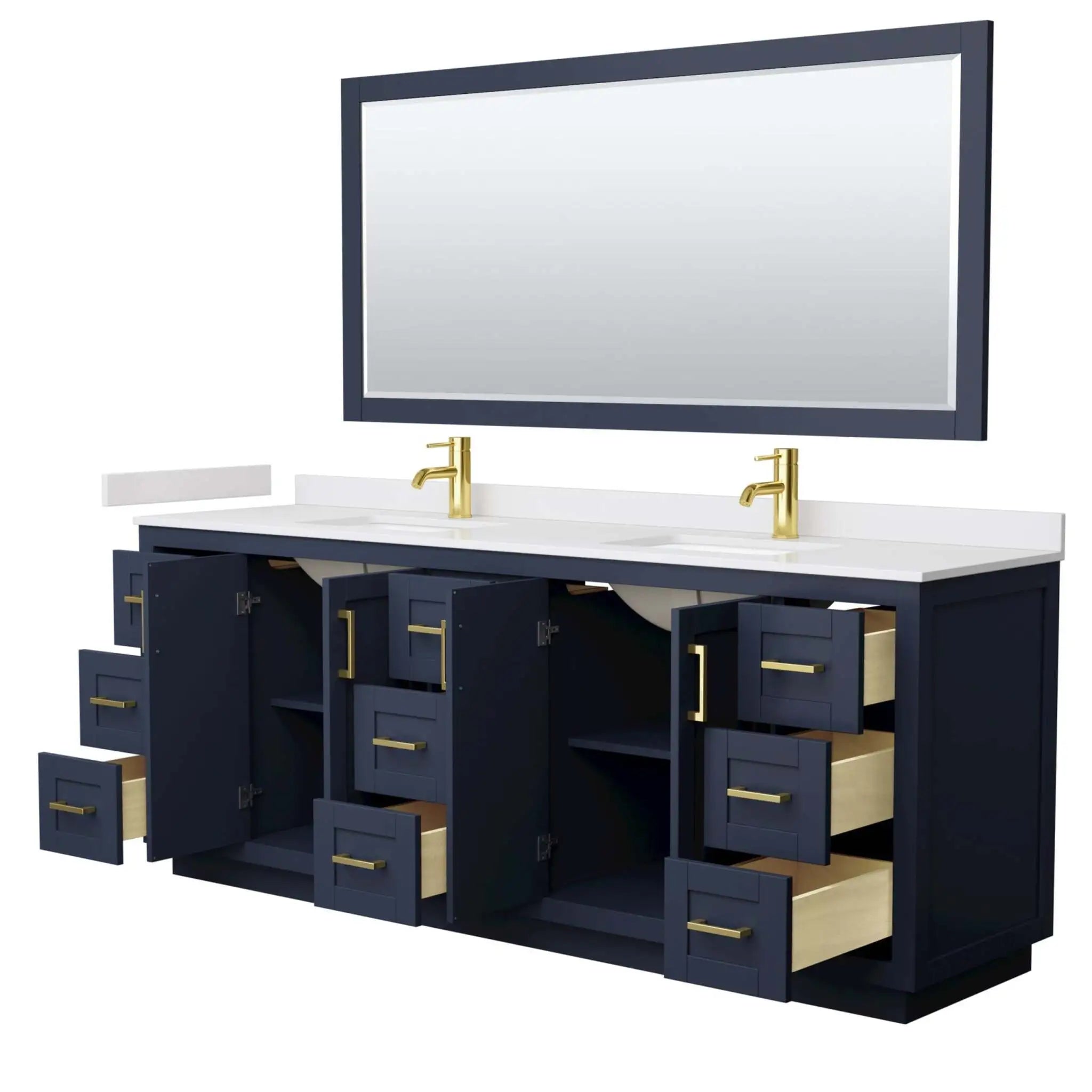84" Miranda Double Bathroom Vanity in Dark Blue with Brushed Gold Trim & 70" Mirror by Wyndham