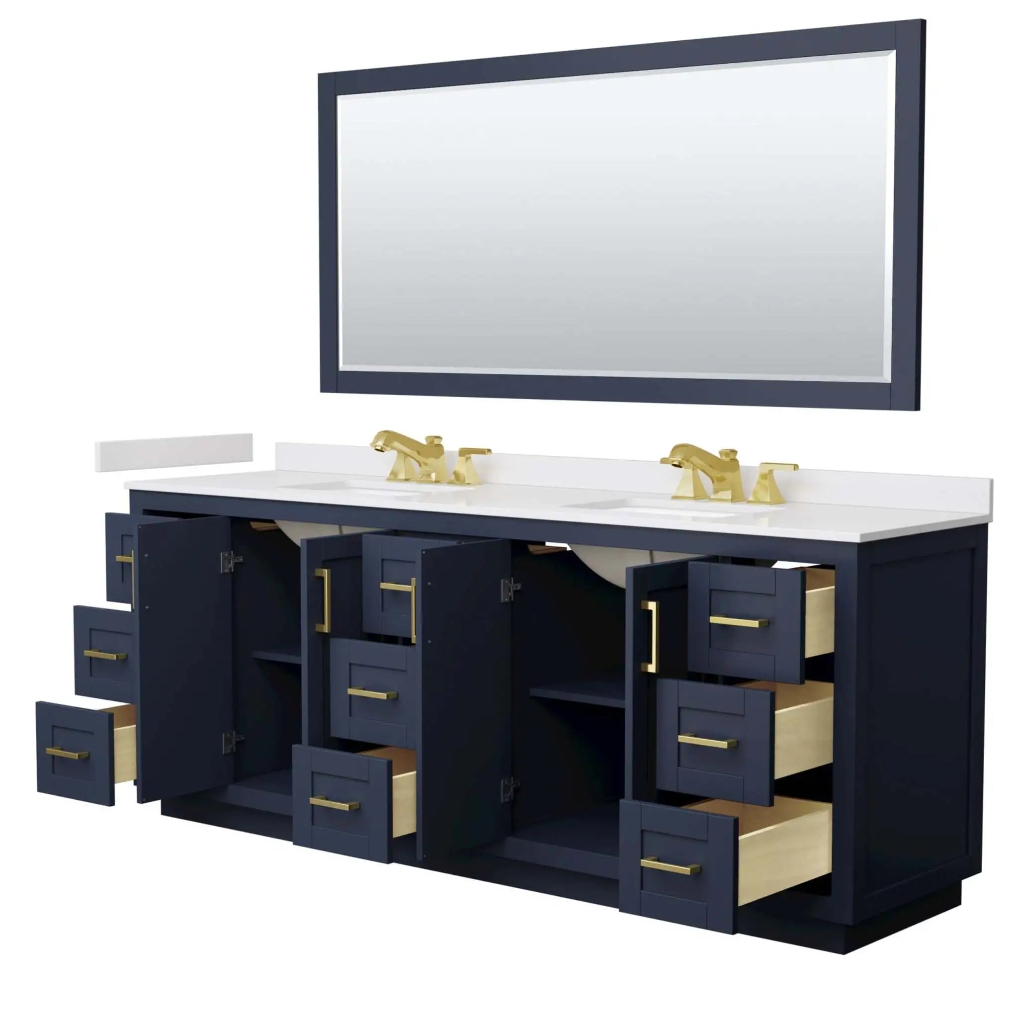 84" Miranda Double Bathroom Vanity in Dark Blue with Brushed Gold Trim & 70" Mirror by Wyndham