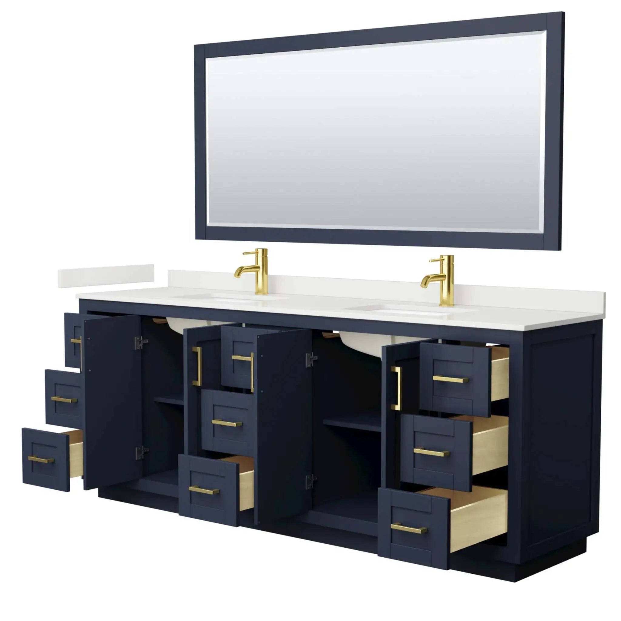 84" Miranda Double Bathroom Vanity in Dark Blue with Brushed Gold Trim & 70" Mirror by Wyndham