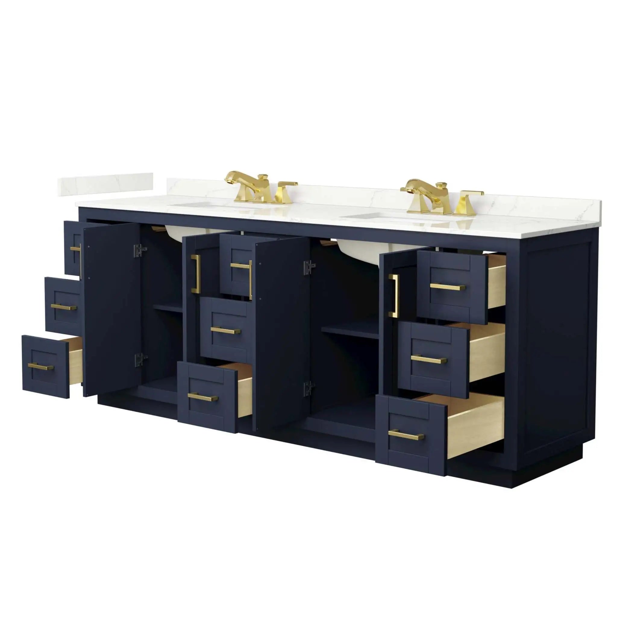 84" Miranda Double Bathroom Vanity in Dark Blue with Brushed Gold Trim by Wyndham