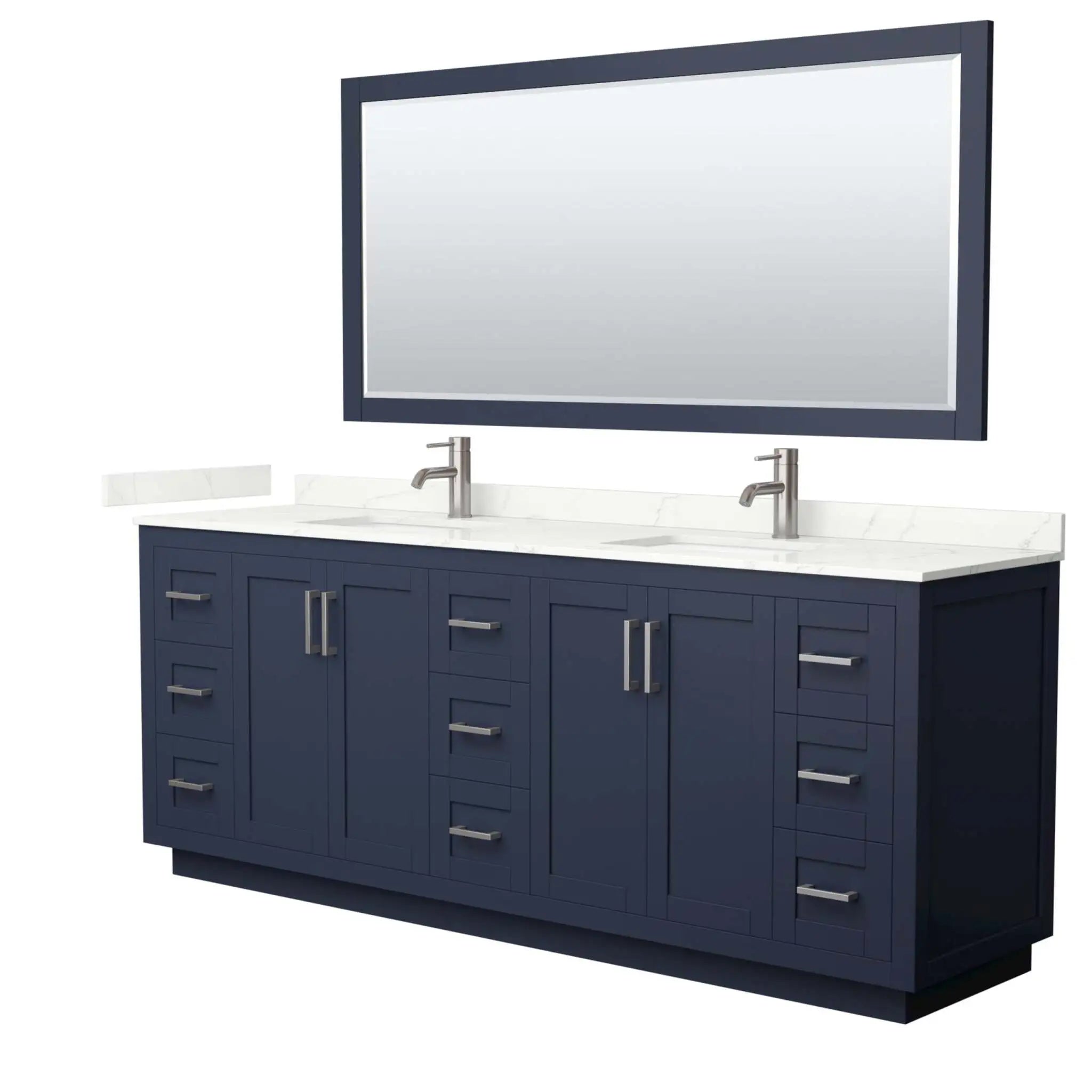 84" Miranda Double Bathroom Vanity in Dark Blue with Brushed Nickel Trim & 70" Mirror by Wyndham