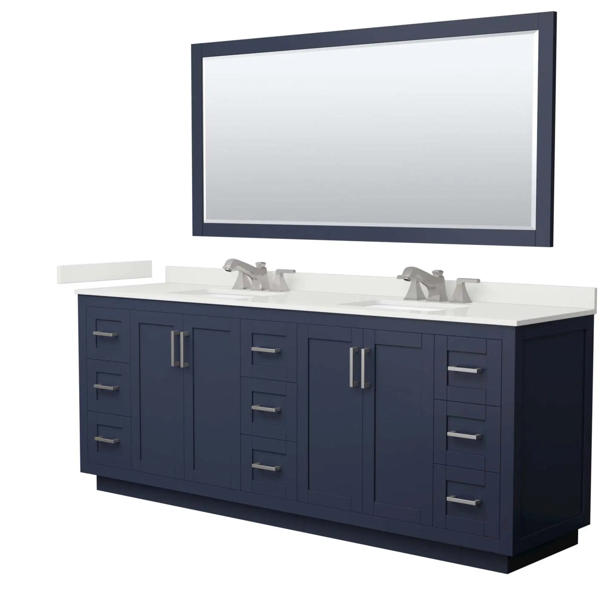 84" Miranda Double Bathroom Vanity in Dark Blue with Brushed Nickel Trim & 70" Mirror by Wyndham