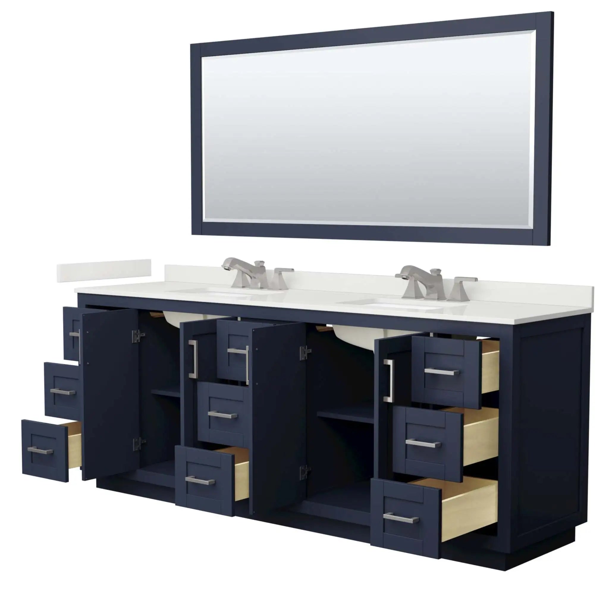84" Miranda Double Bathroom Vanity in Dark Blue with Brushed Nickel Trim & 70" Mirror by Wyndham