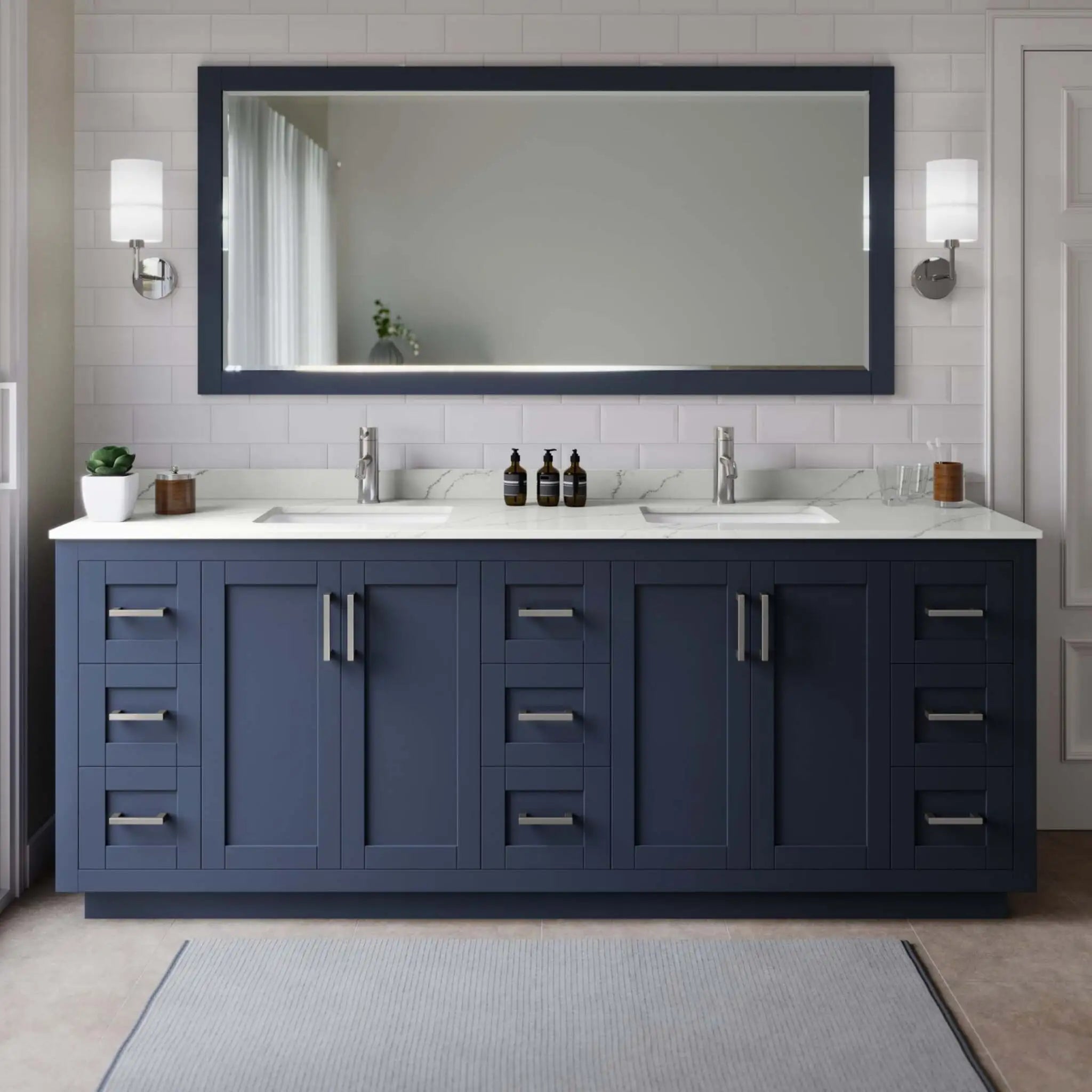 84" Miranda Double Bathroom Vanity in Dark Blue with Brushed Nickel Trim by Wyndham