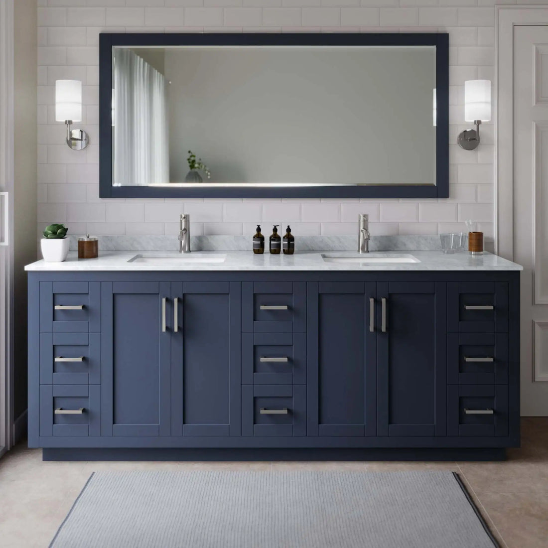 84" Miranda Double Bathroom Vanity in Dark Blue with Brushed Nickel Trim by Wyndham