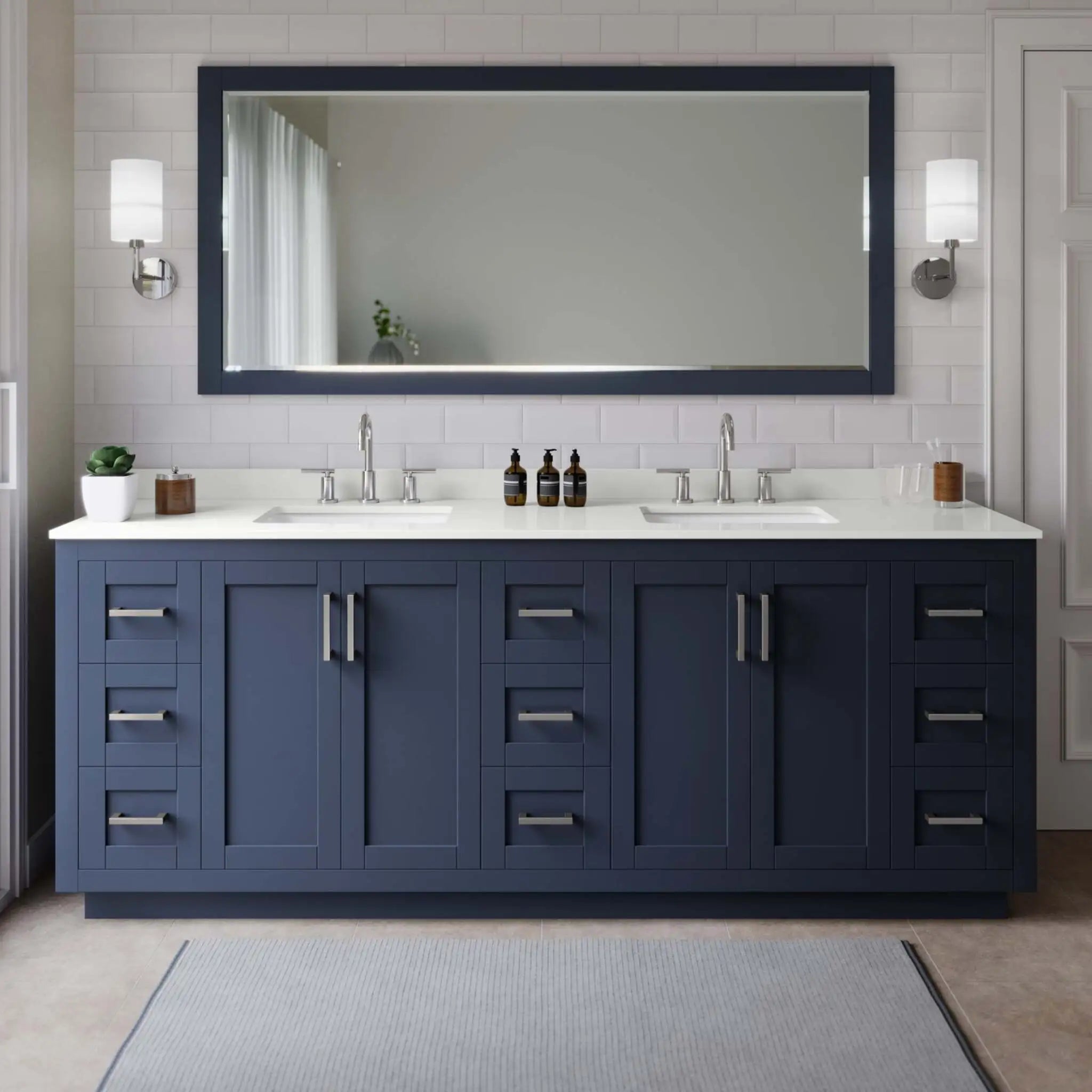 84" Miranda Double Bathroom Vanity in Dark Blue with Brushed Nickel Trim by Wyndham