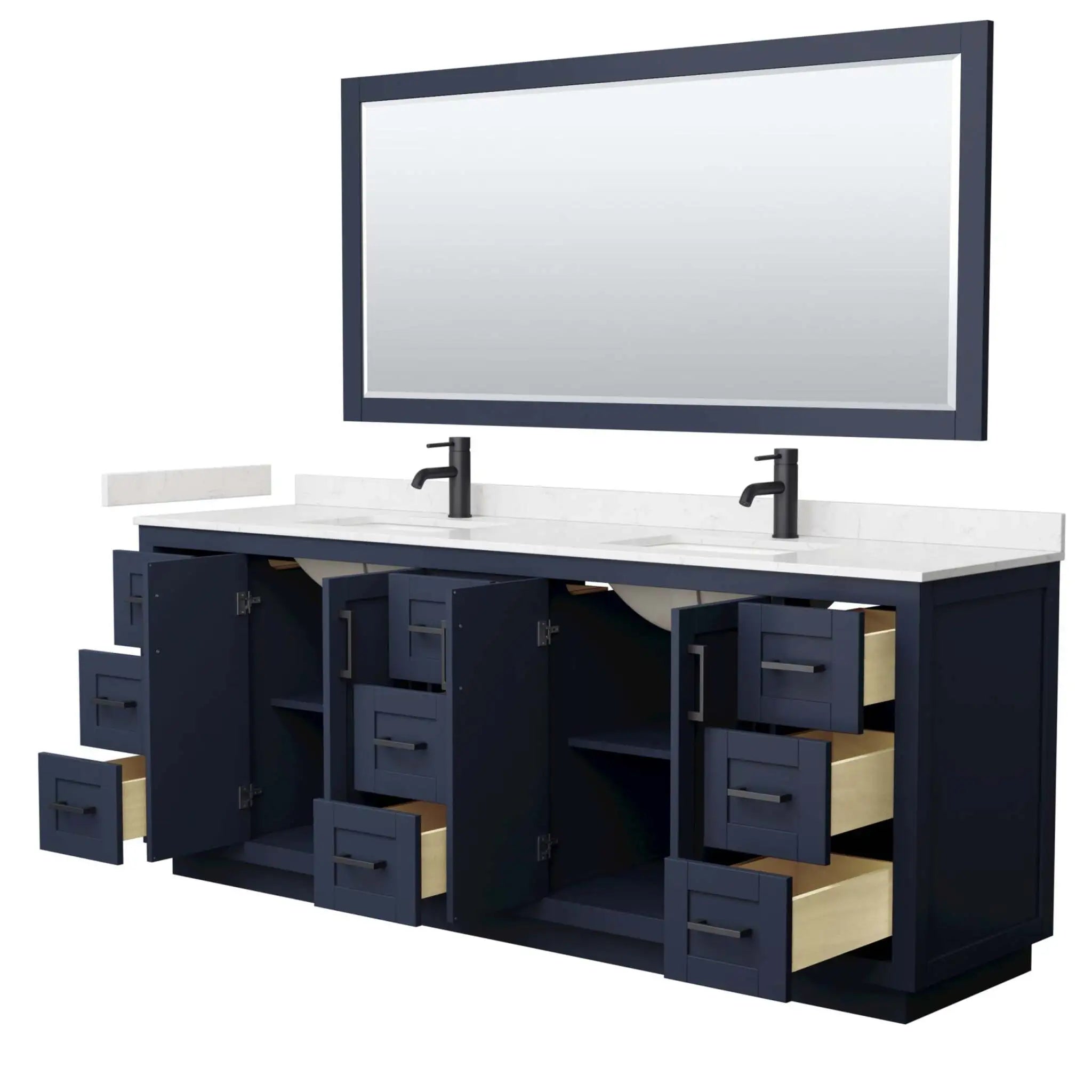 84" Miranda Double Bathroom Vanity in Dark Blue with Matte Black Trim & 70" Mirror by Wyndham