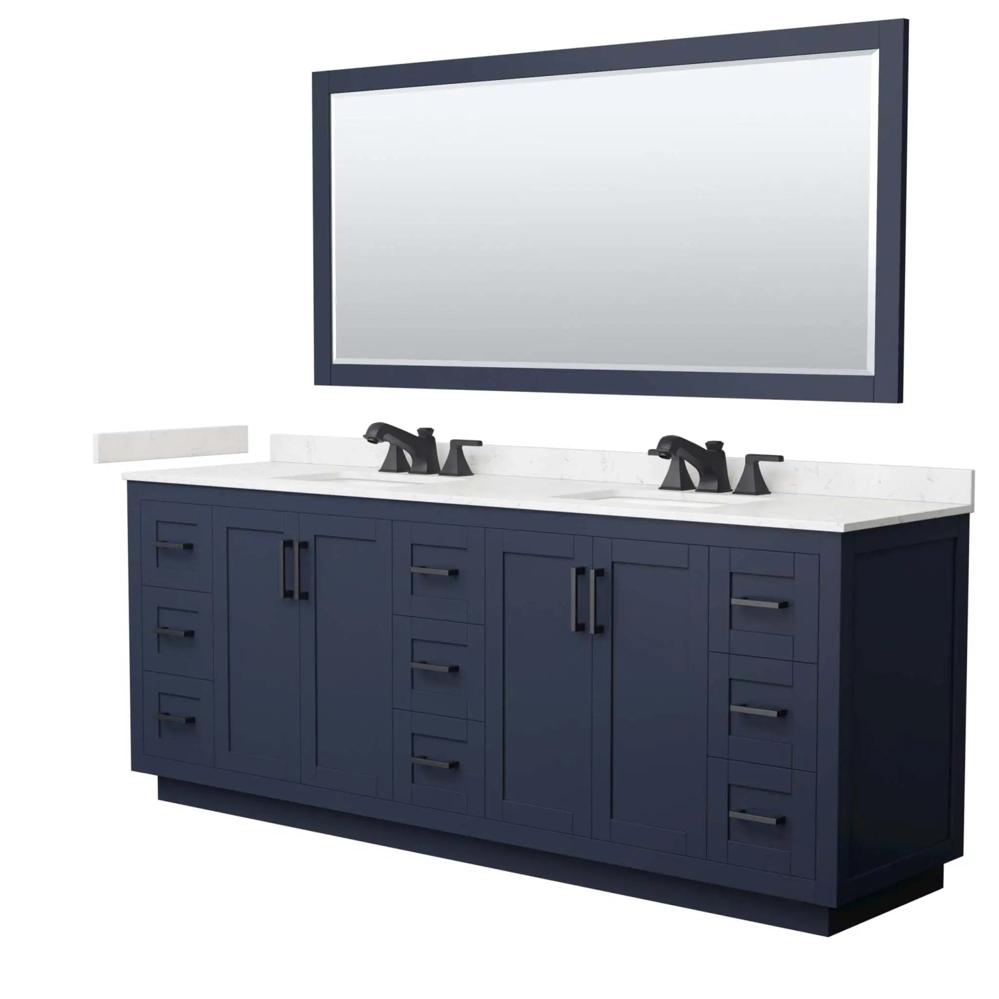 84" Miranda Double Bathroom Vanity in Dark Blue with Matte Black Trim & 70" Mirror by Wyndham