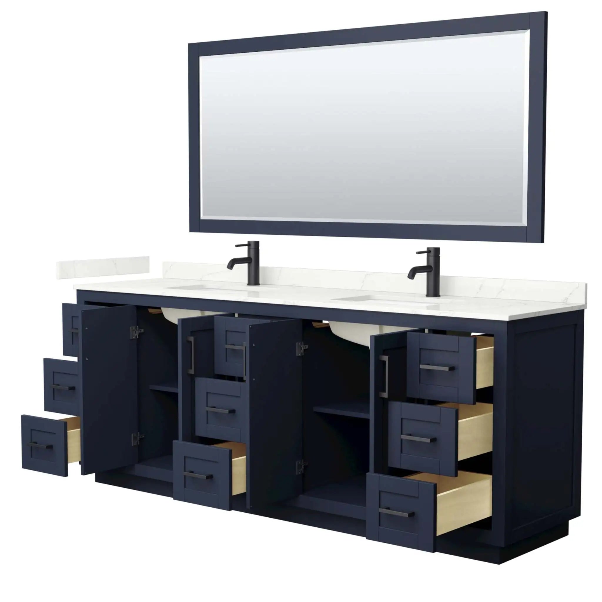 84" Miranda Double Bathroom Vanity in Dark Blue with Matte Black Trim & 70" Mirror by Wyndham