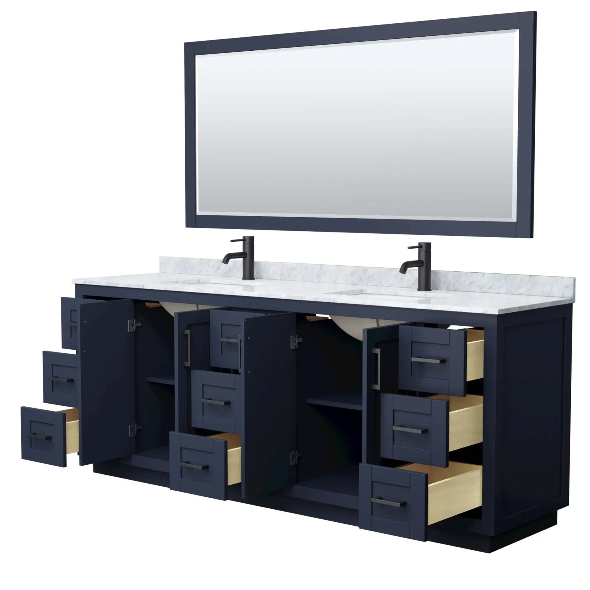 84" Miranda Double Bathroom Vanity in Dark Blue with Matte Black Trim & 70" Mirror by Wyndham